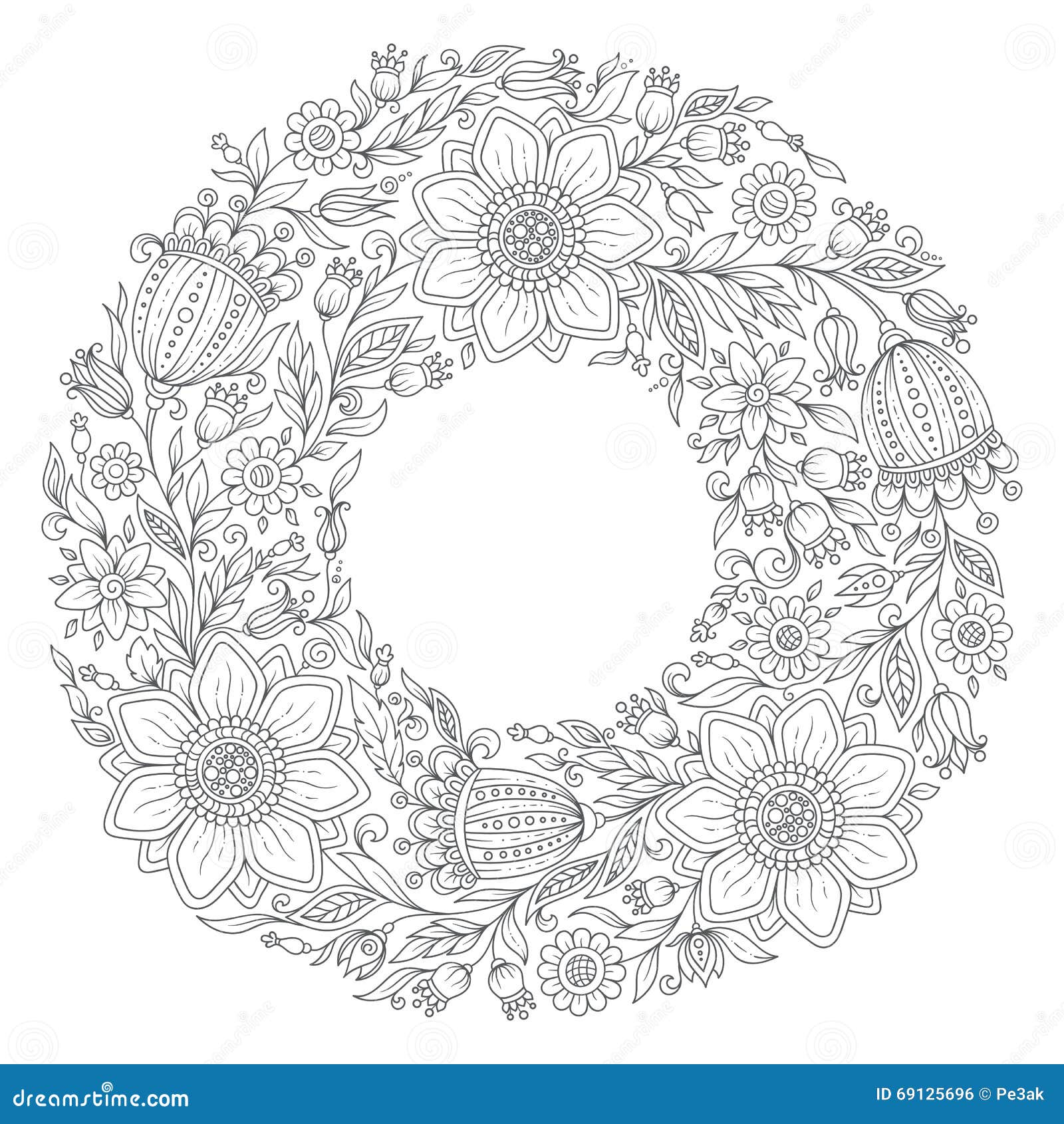 Download Flowers Wreath. Coloring Book Page For Adult Stock Illustration - Illustration of illustration ...