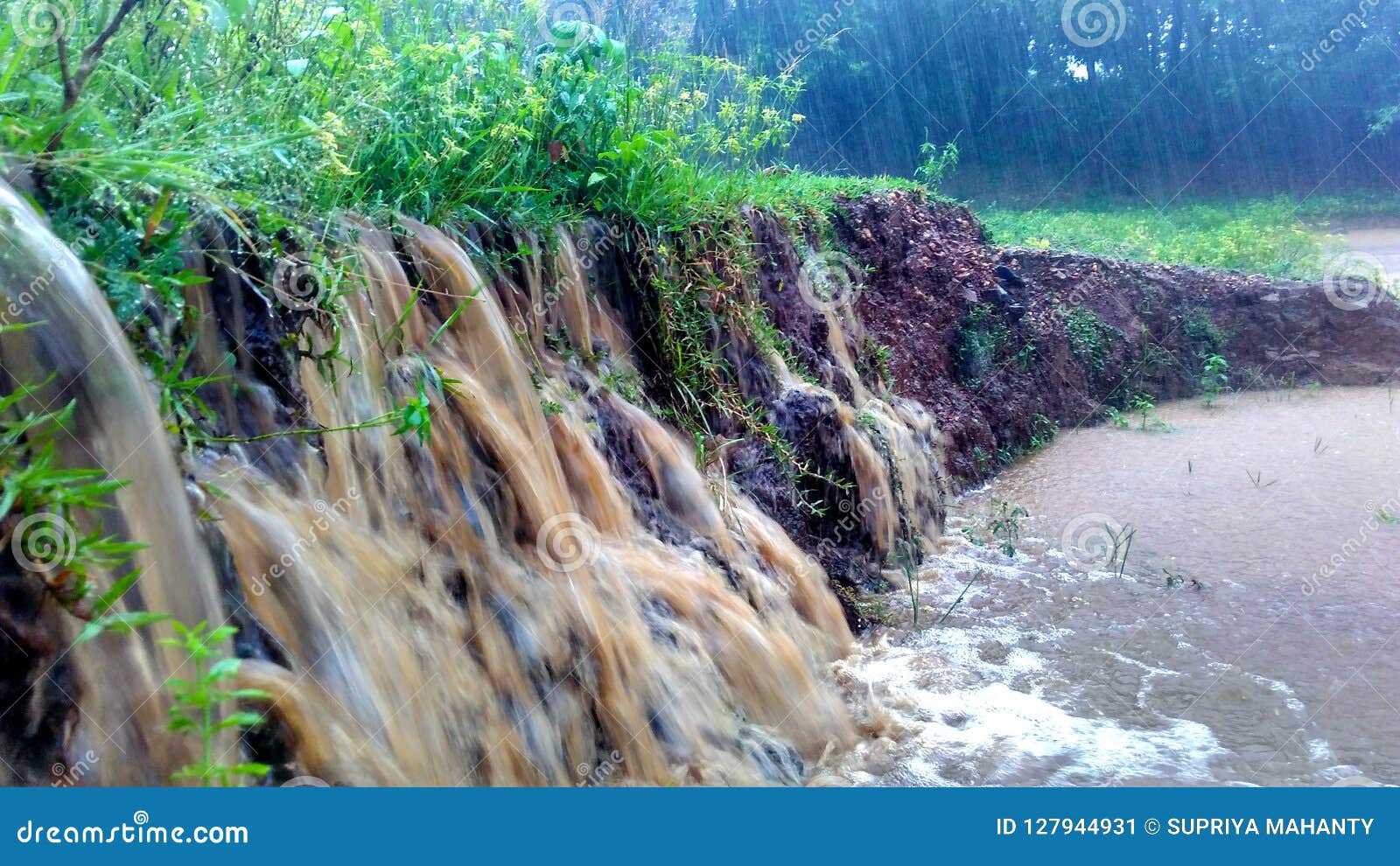 flowing water causing soil erosion during heavy rain and flood