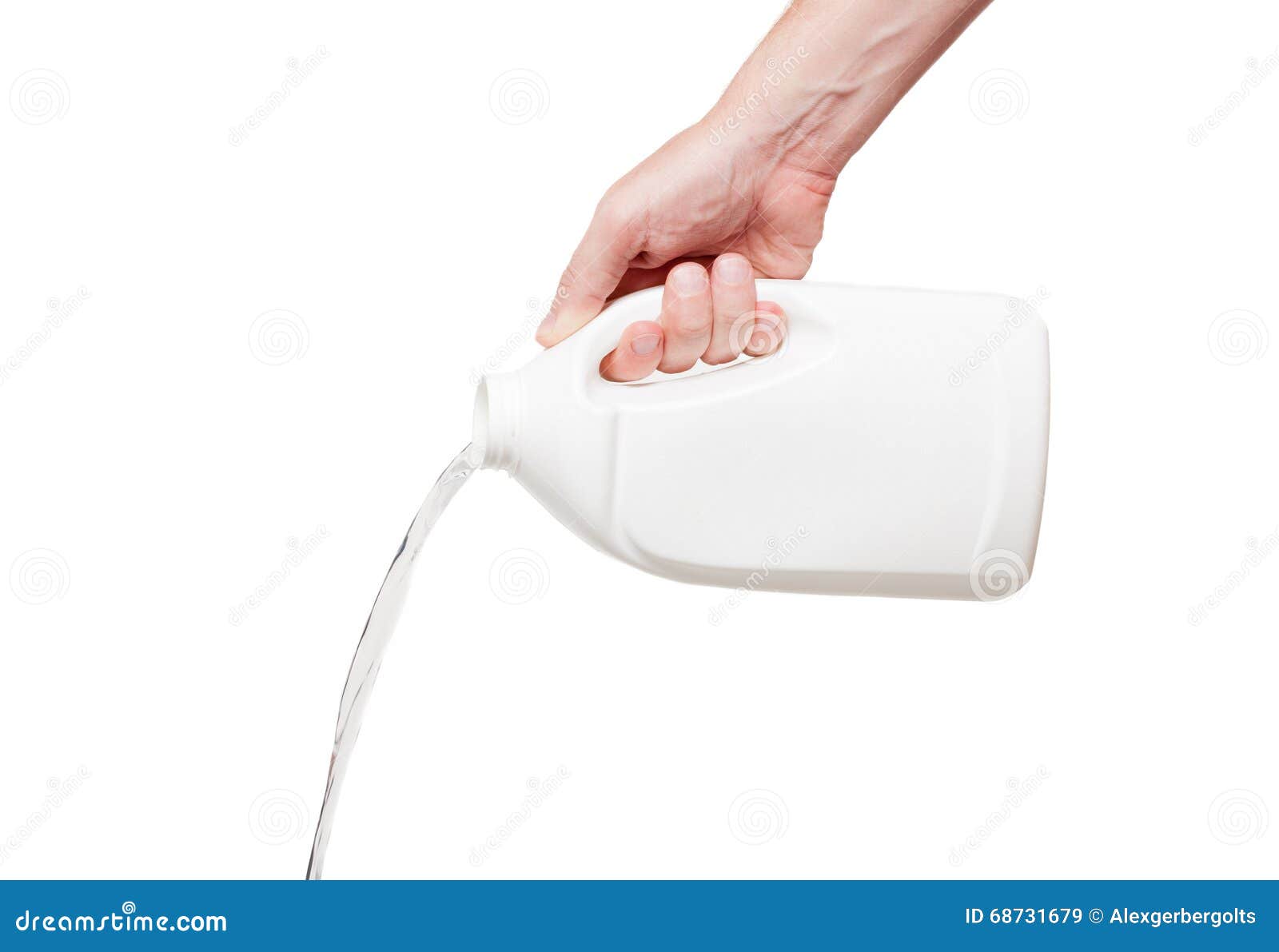 Flows Out Liquid From White Plastic Bottle In Hand, Isolated On Stock