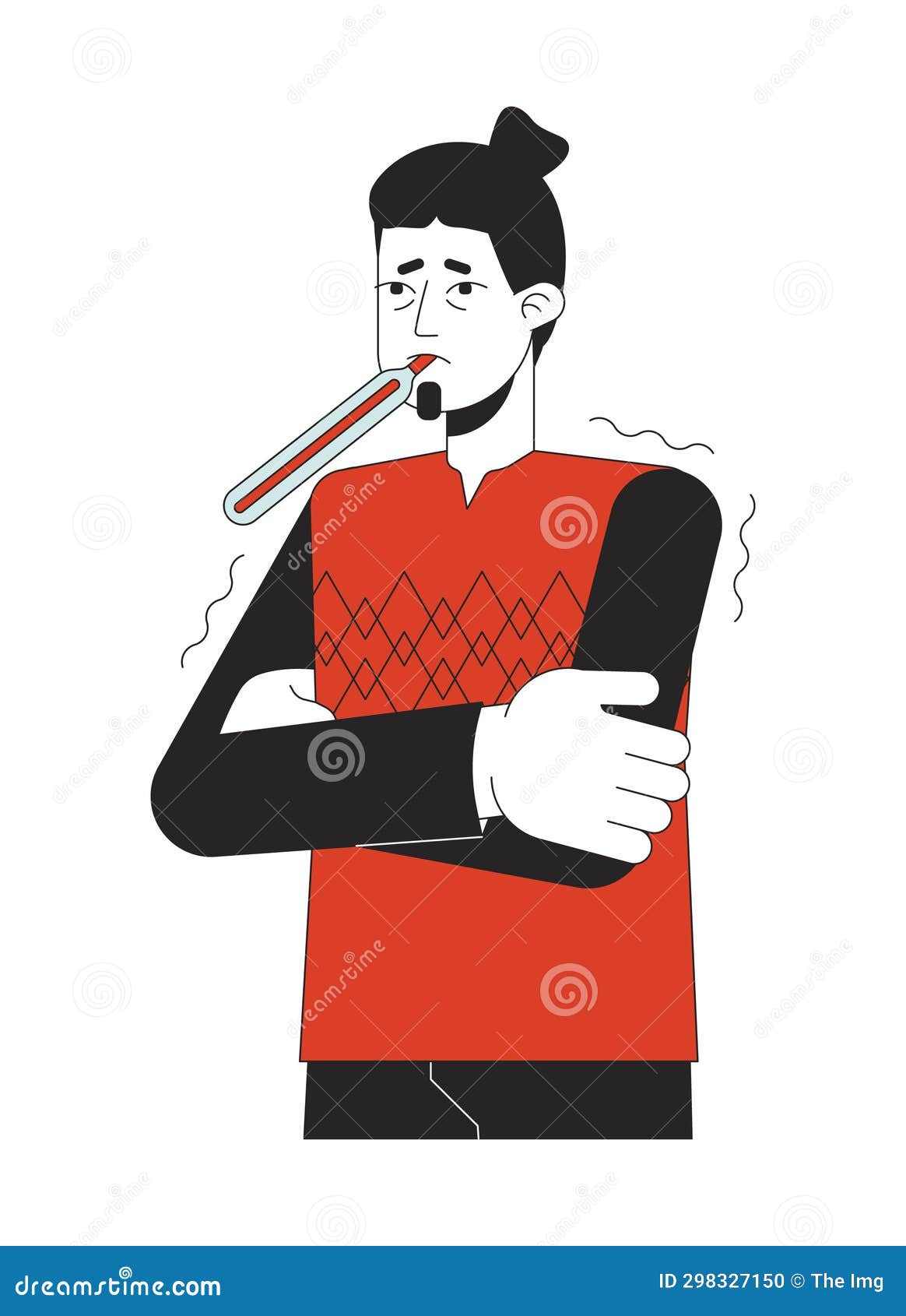 Flu Feverish Caucasian Man with Thermometer 2D Linear Cartoon Character ...