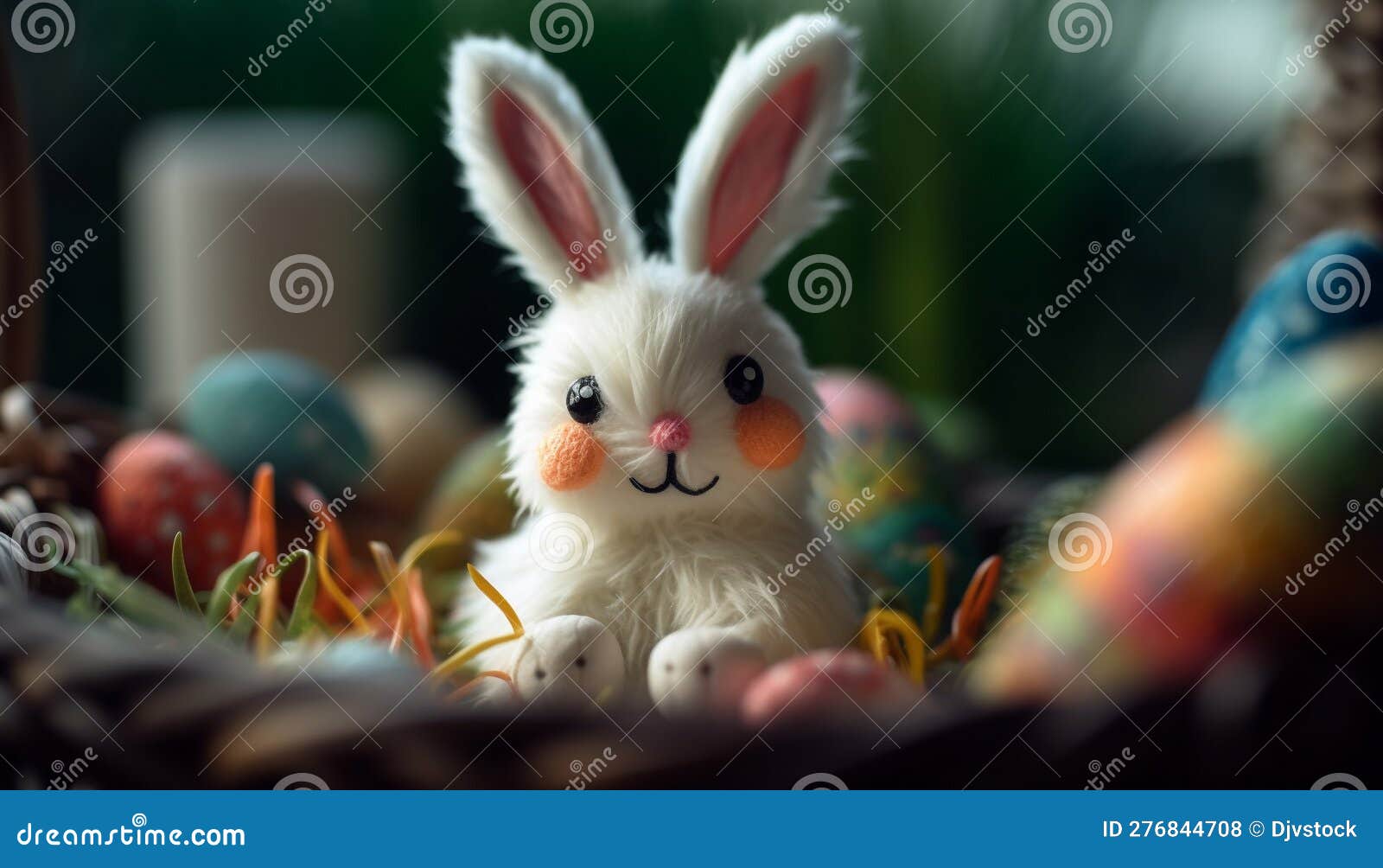 Fluffy Baby Rabbit Celebrates Spring with Gift Basket Generated by AI