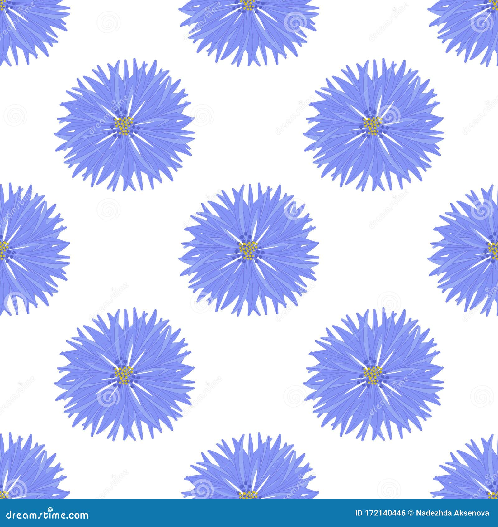 Fluffy Blue Flowers, Seamless Pattern on a White Background. Vector