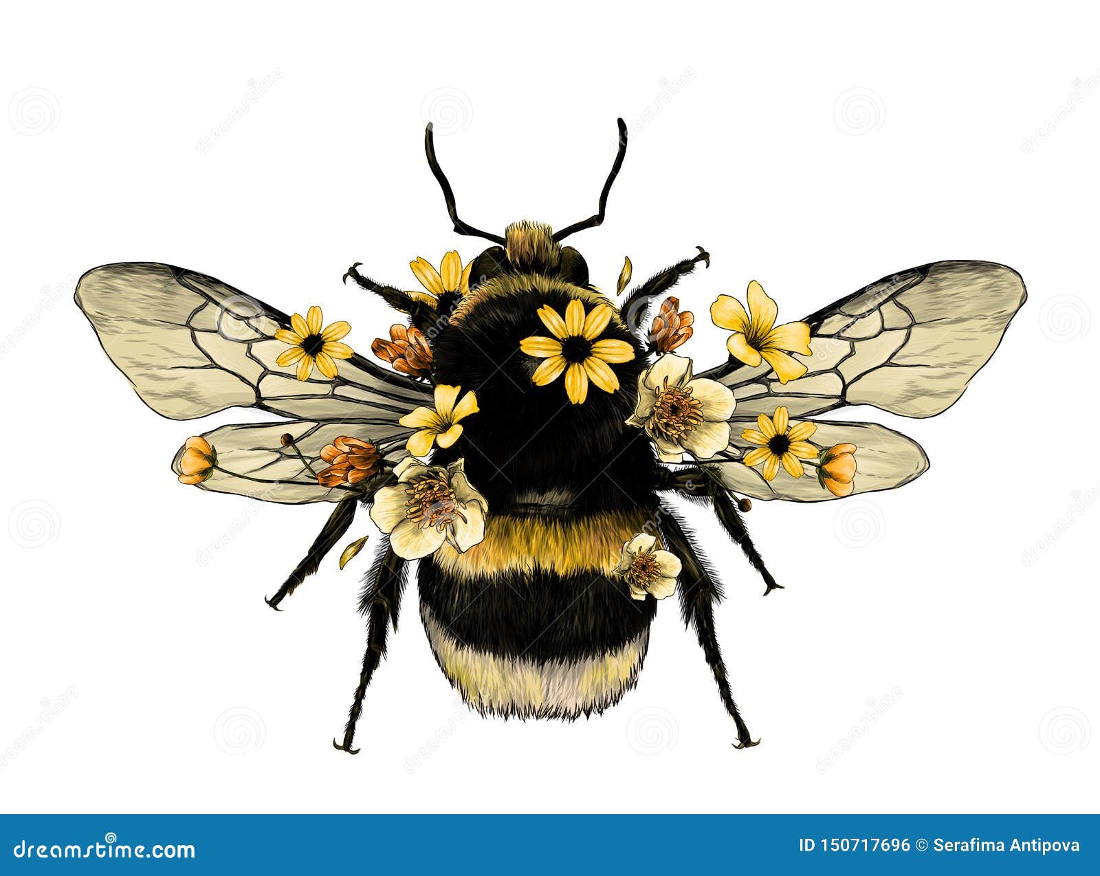 fluffy bumblebee in yellow top view with wings