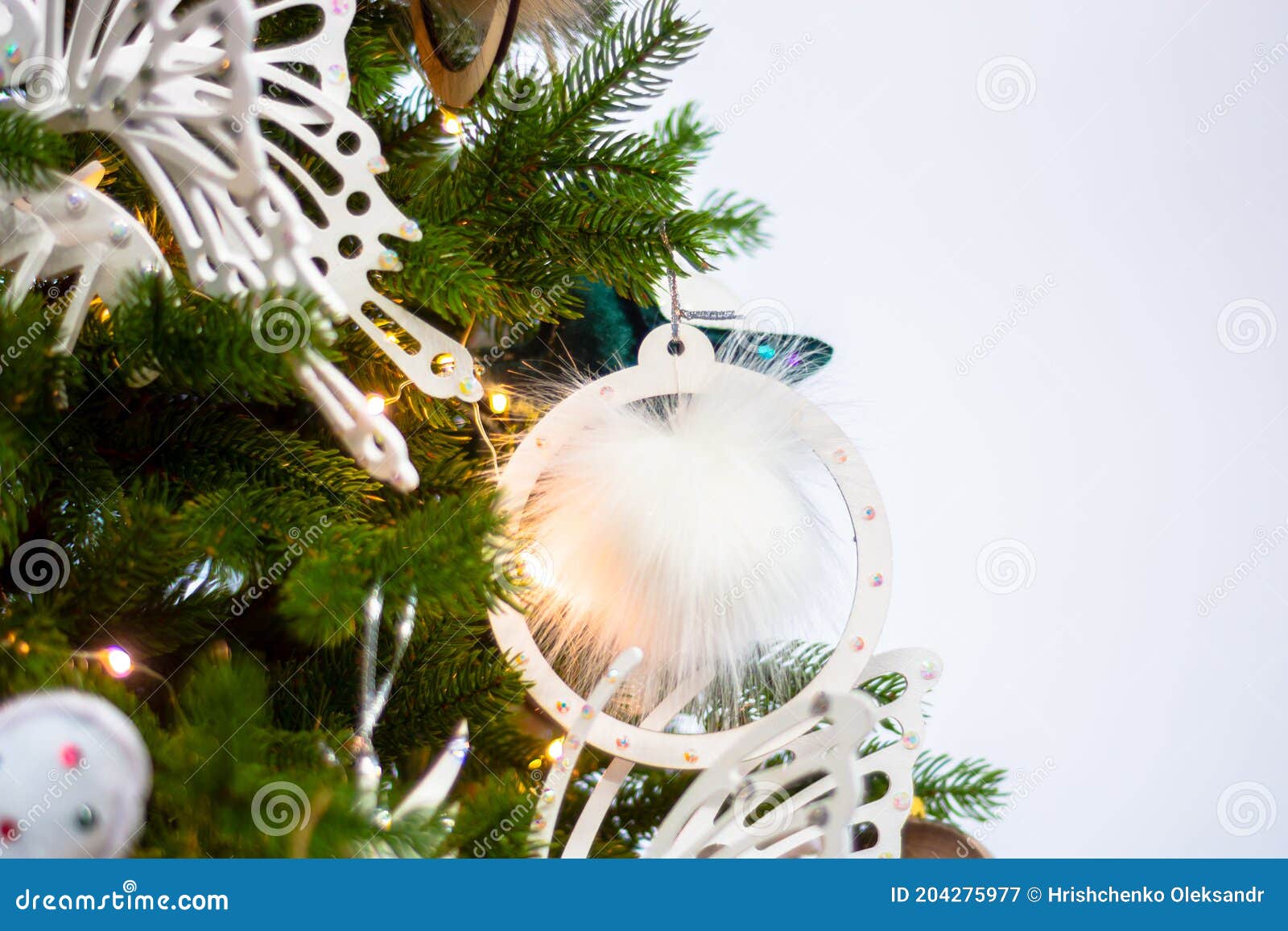 Fluffy Christmas Decorations Hanging on the Tree Stock Image Image of