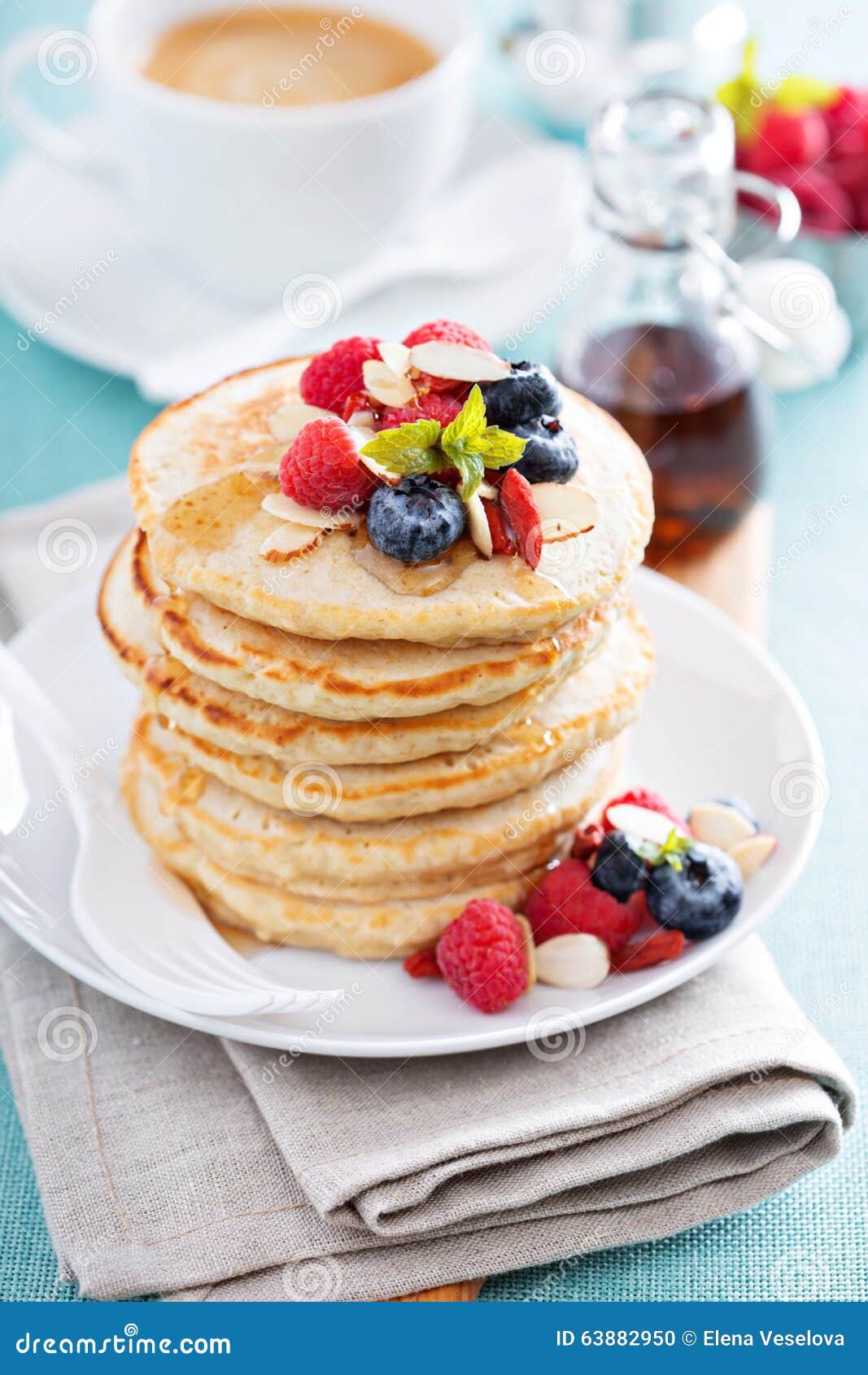 Fluffy Oatmeal Pancakes Stack with Fresh Berries Stock Photo Image of