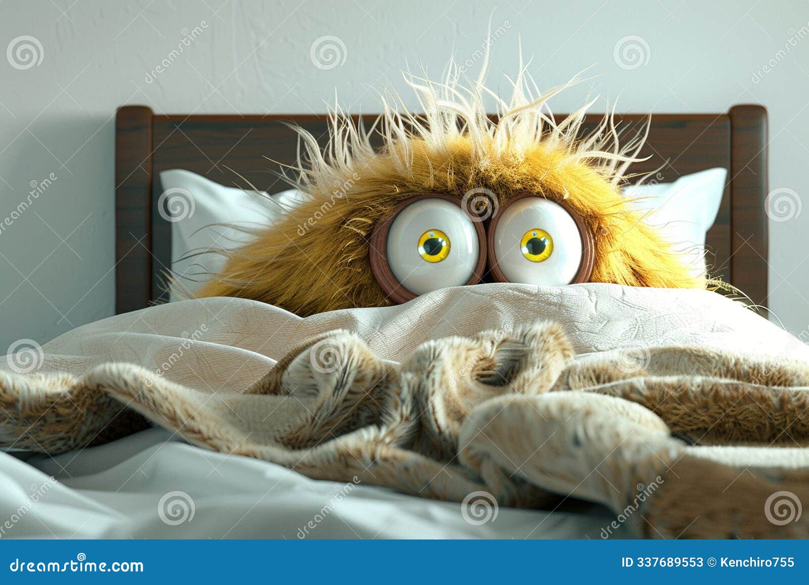 fluffy, whimsical character peeks out from under cozy blanket, evoking curiosity.