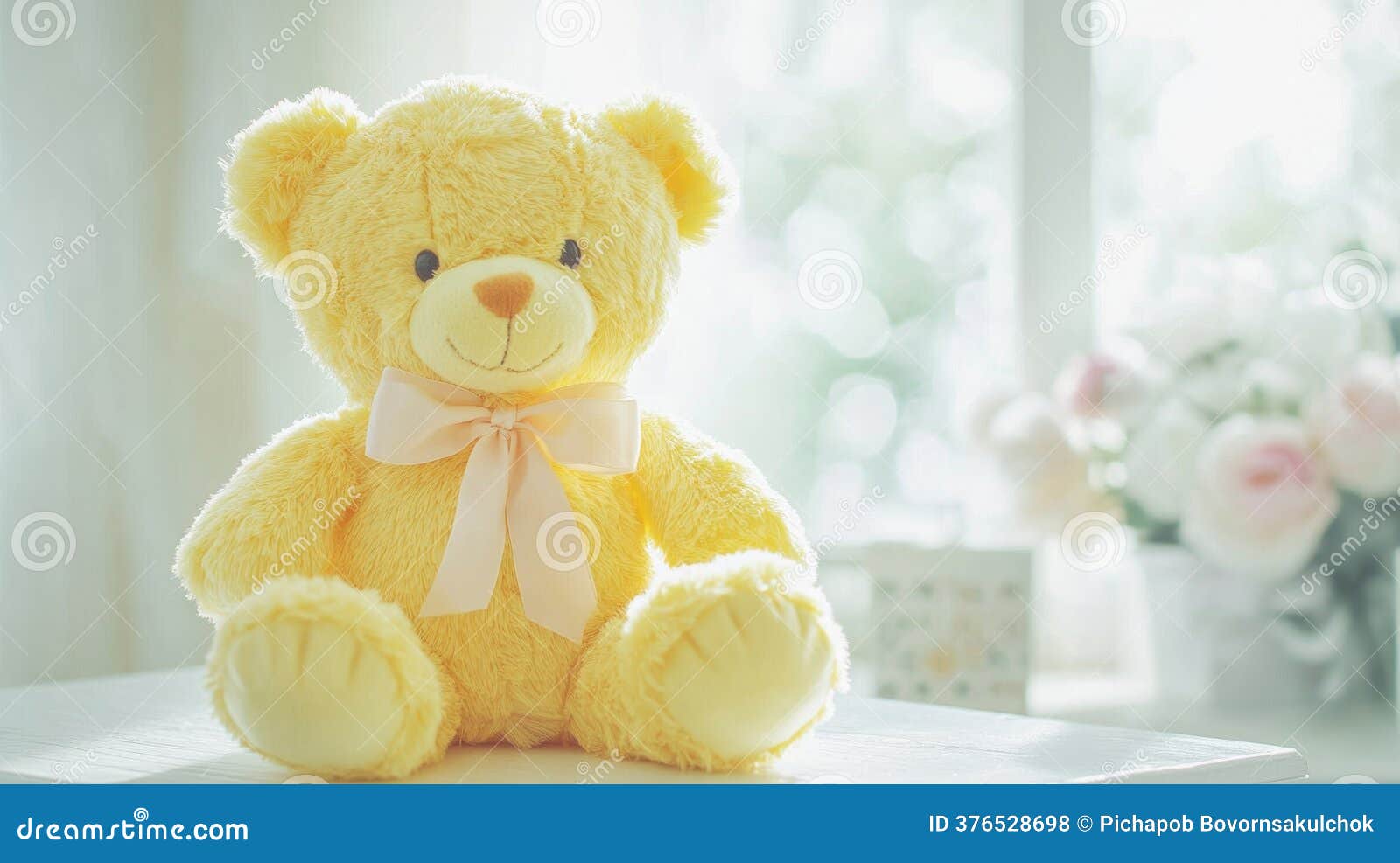 Fluffy Yellow Teddy Bear with Bow in Soft Natural Light Setting Stock  Illustration - Illustration of tranquil, dreamy: 376528698, image size:1600x987