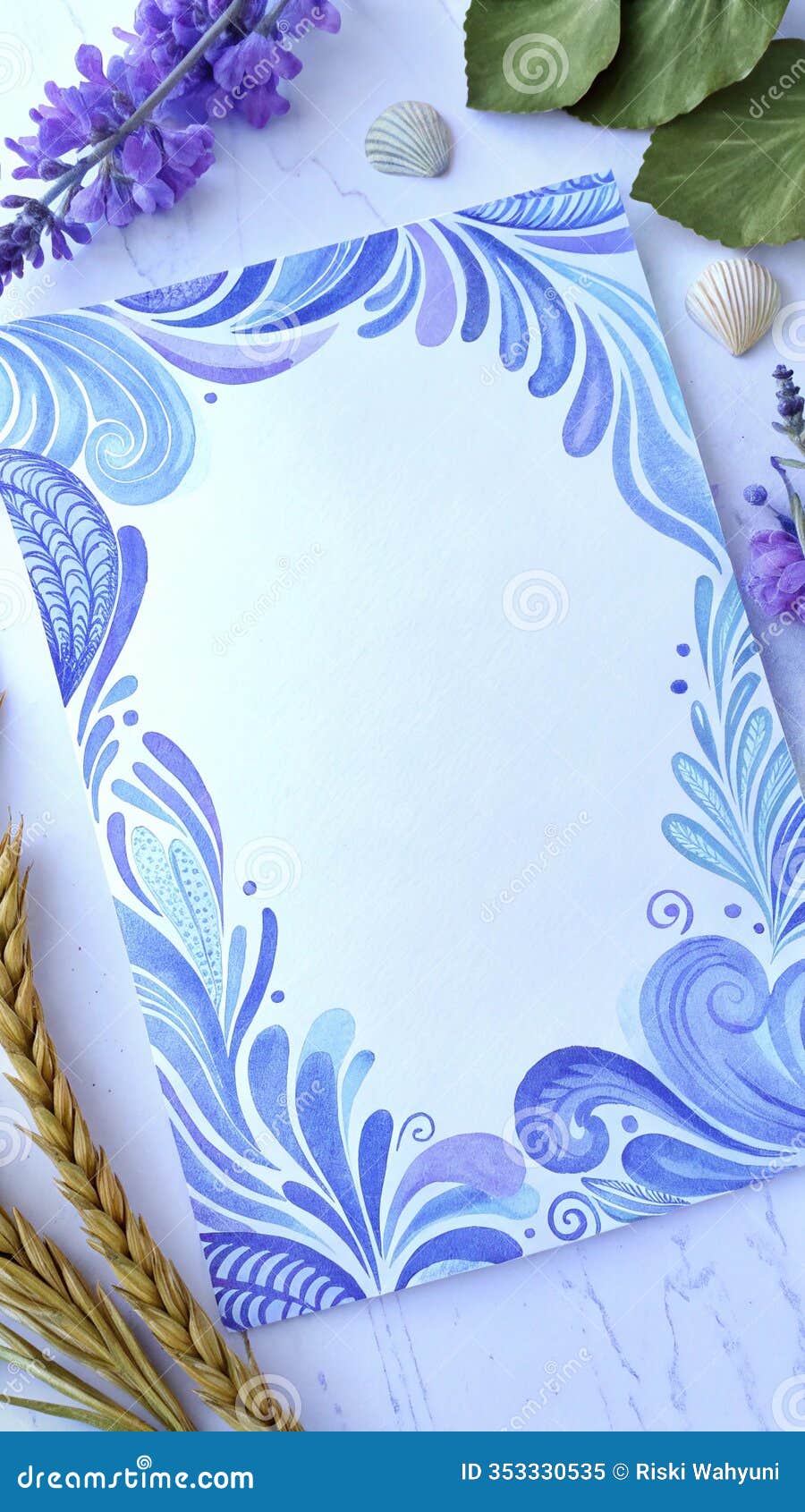fluid abstract border  with paper texture and dreamy blues palette