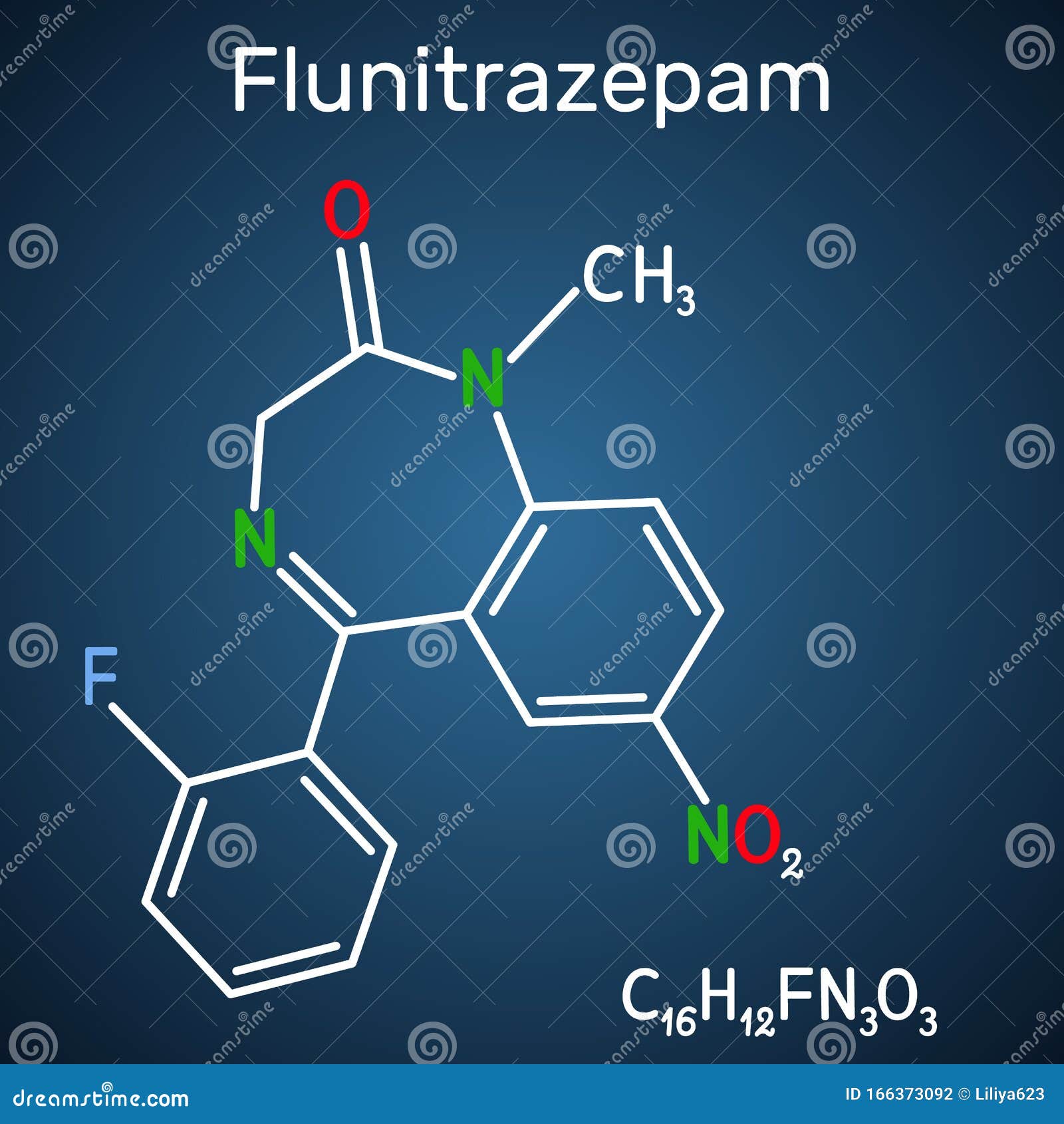 flunitrazepam drug molecule. it has hypnotic, sedative, anxiolytic properties. skeletal chemical formula on the dark blue