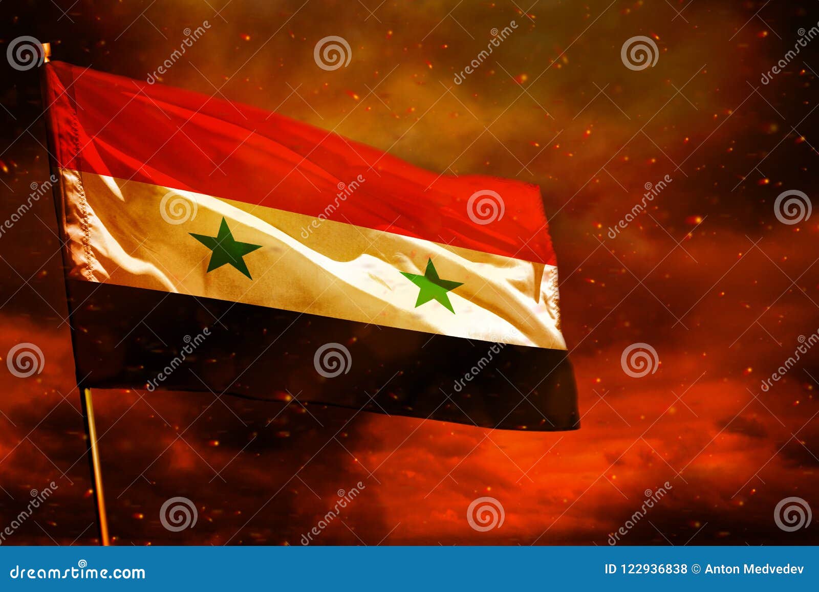 Flag of Syria on a Flagpole Flutters in the Wind Against the Sky