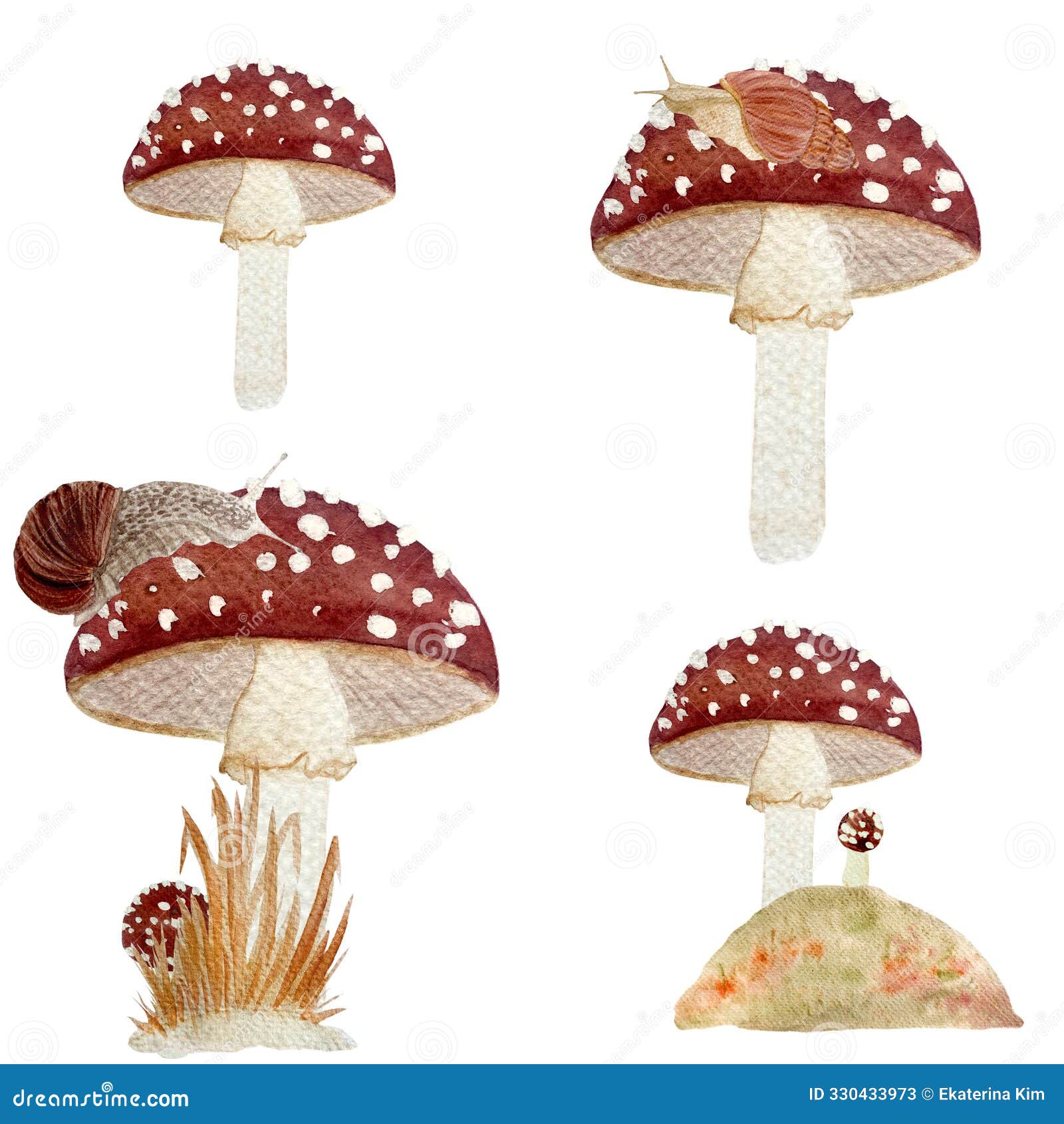 fly agaric red wild mushroom and a snail textured watercolor seamless pattern  on white. stylized autumn forest