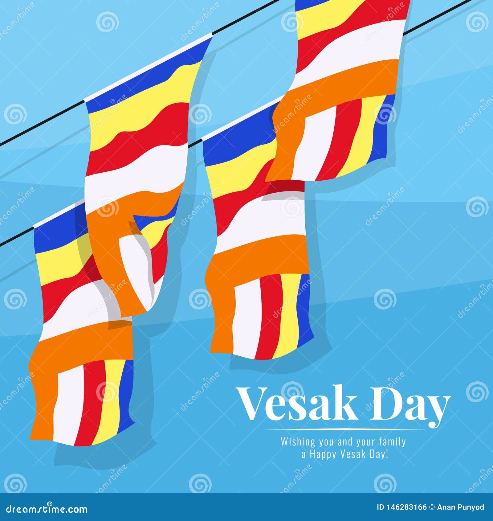 Fly the Buddhist Flag on Blue Background in Vesak Day Banner Vector Design  Stock Vector - Illustration of golden, beautiful: 146283166