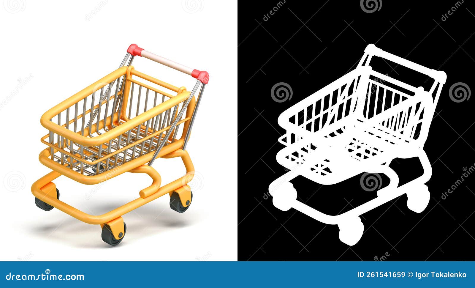 Fly Empty Toon Yellow Shopping Cart 3d Render on White with Alpha Stock