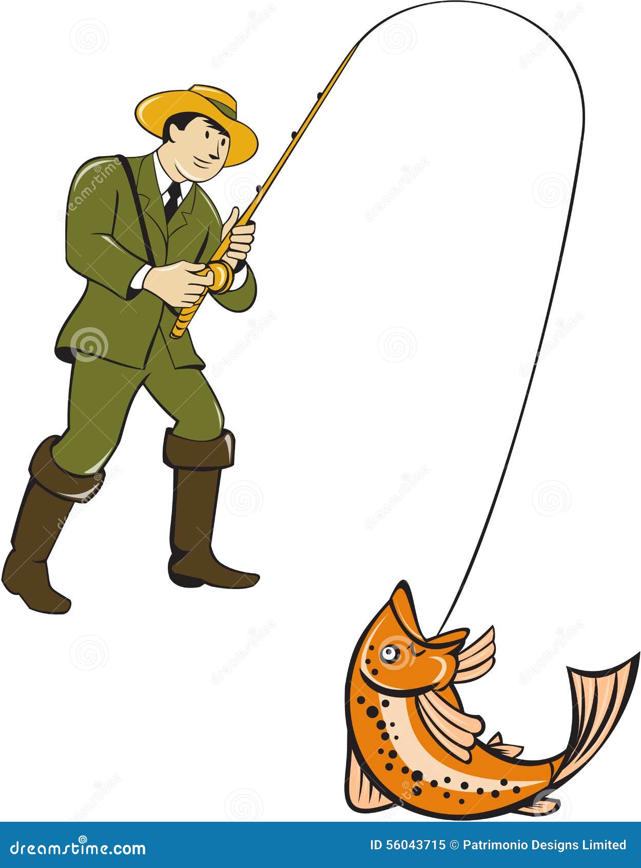 Fly Fisherman Catching Trout Fish Cartoon Stock Vector