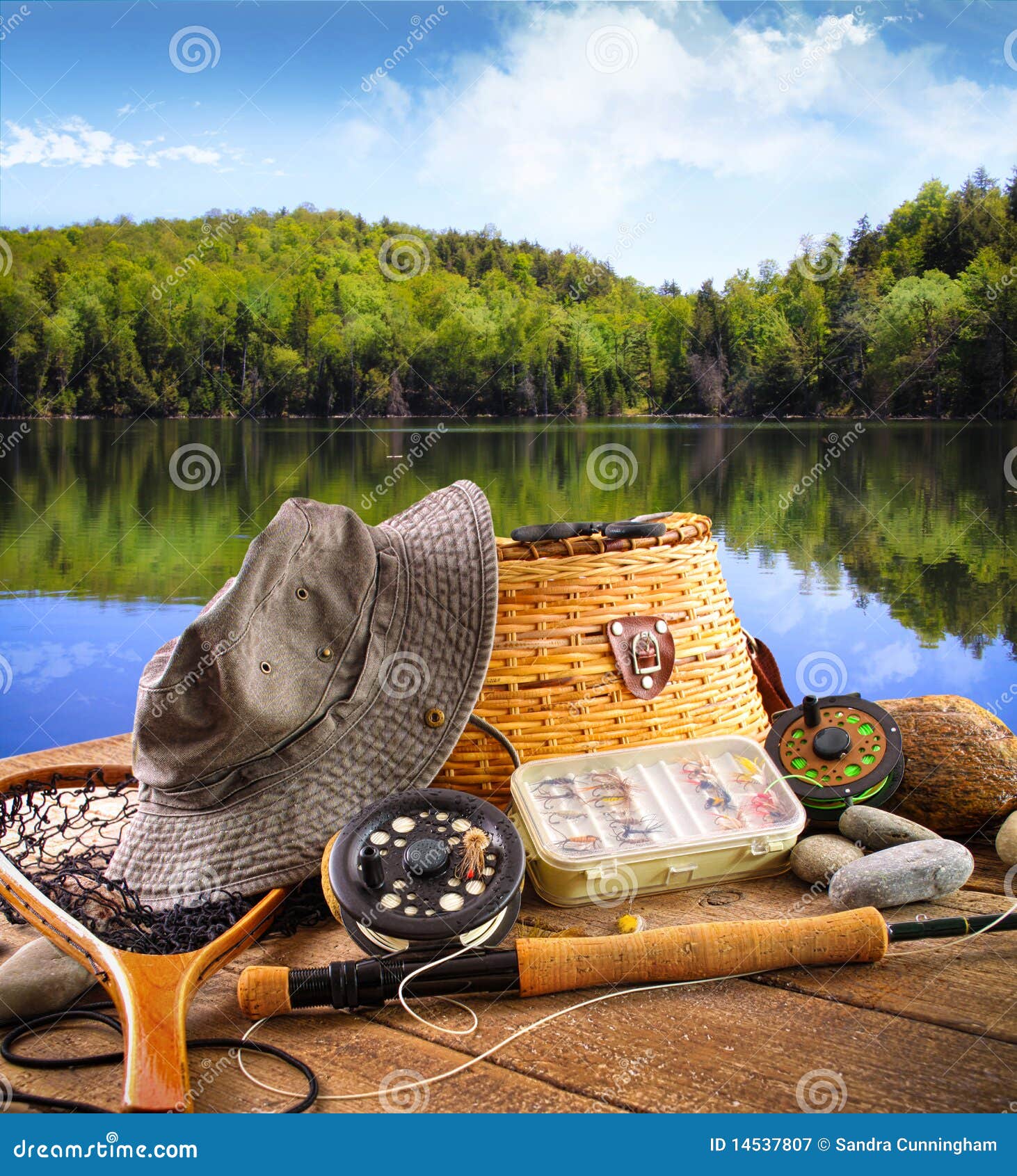 Fly Fishing Equipment Near a Lake Stock Image - Image of hook, equipment:  14537807