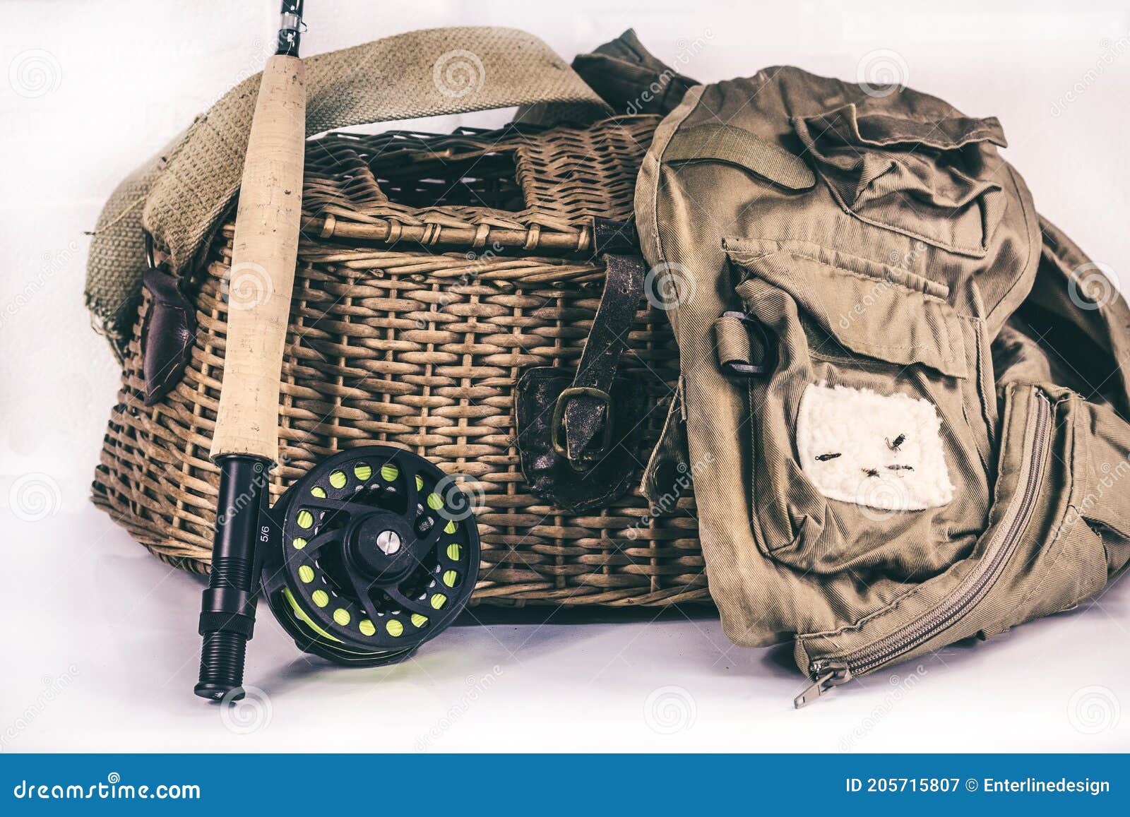 Fly Fishing Rod, Vest and Fish Creel on a White Background Stock