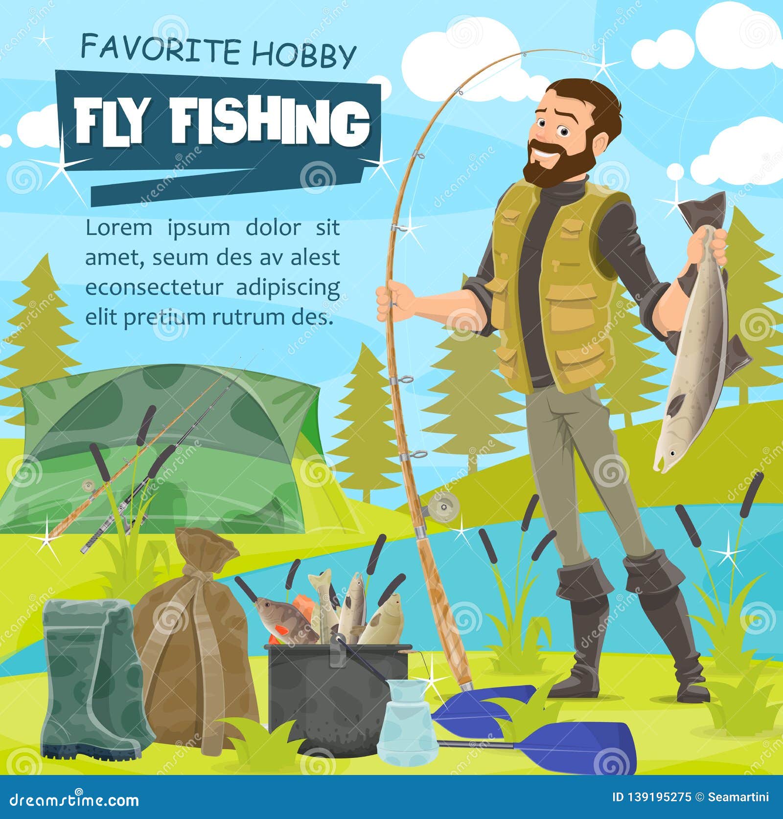 Fly Fishing Sport. Fisherman and Pike, Tackles Stock Vector - Illustration  of cauldron, equipment: 139195275