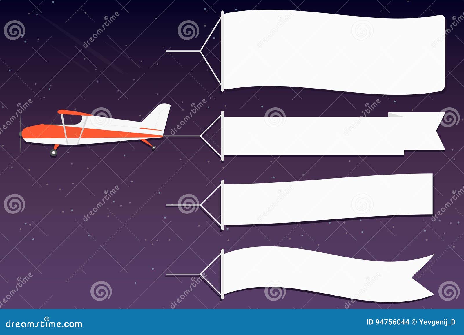Flying Advertising Banner. Plane with Horizontal Banners in Night Outer
