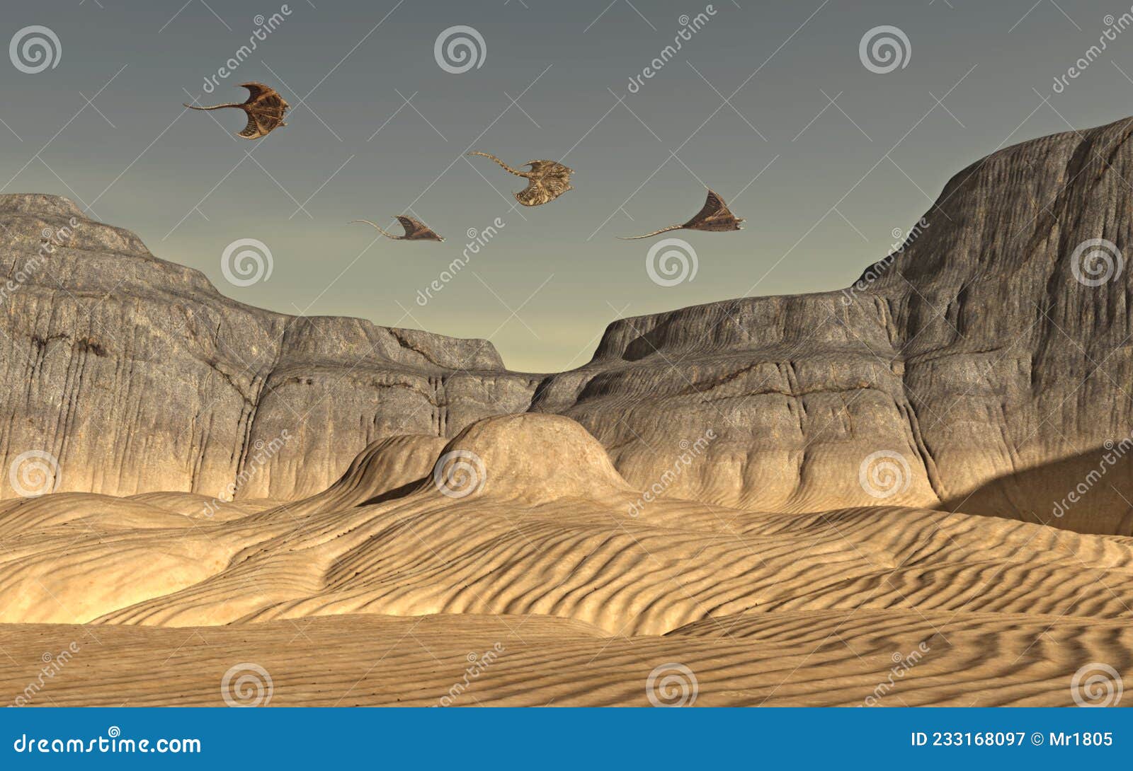 flying alien creatures over a desert landscape