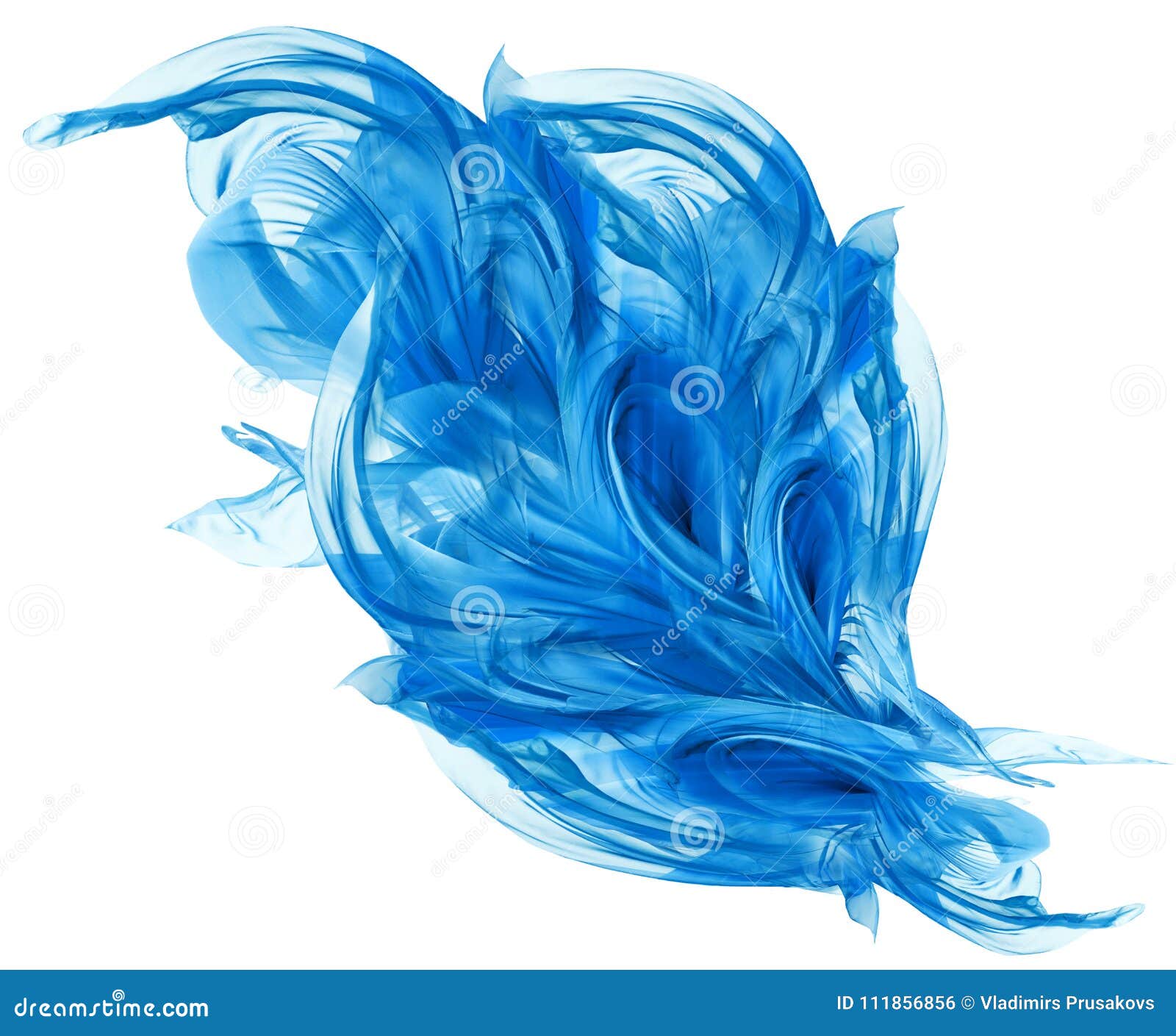 flying blue fabric, waving flowing silk cloth, fluttering abstract waves material on white background