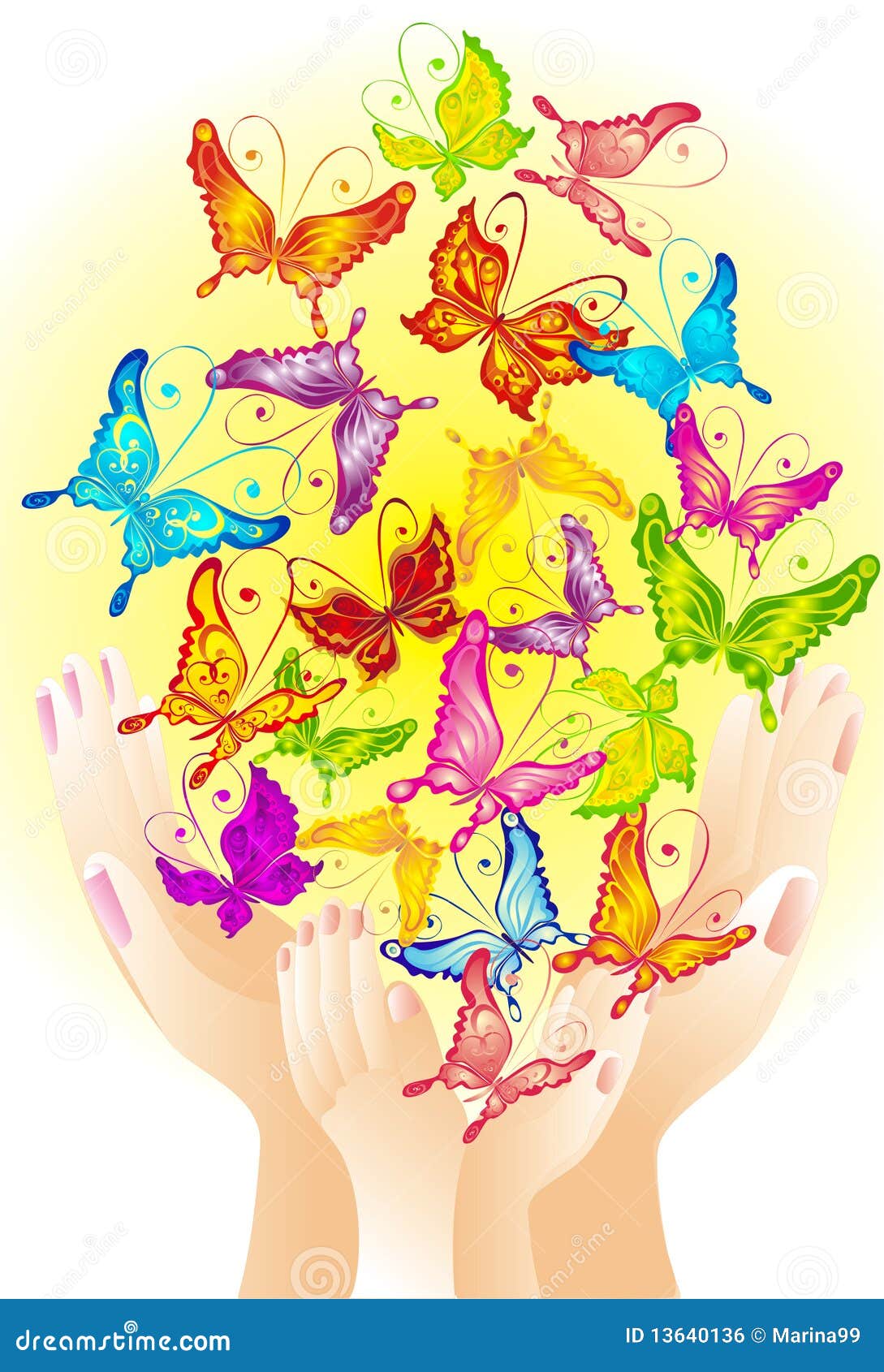 Flying Butterflies in Hands, Vector Illustration Stock Vector