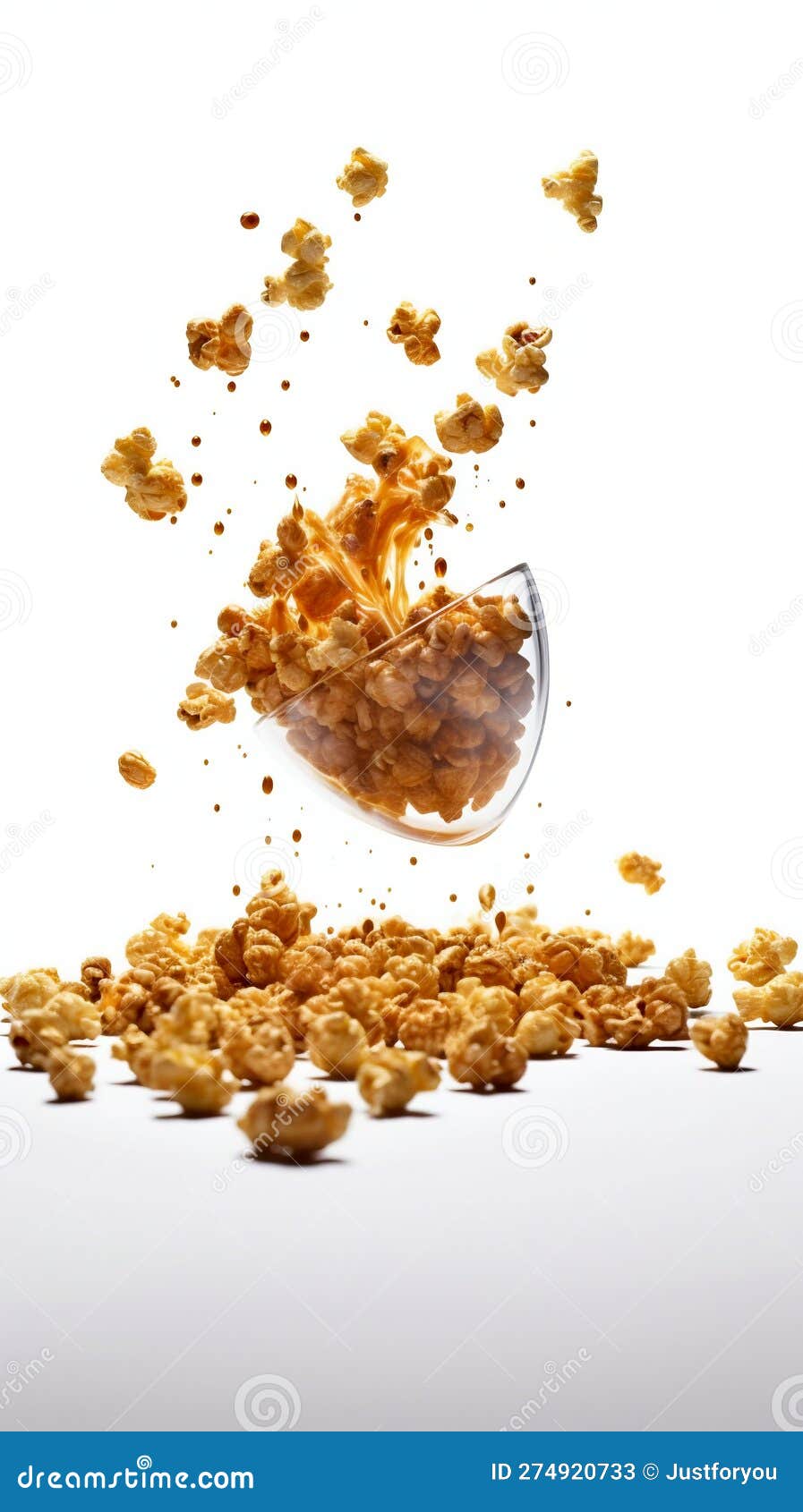 flying caramalized popcorn  on a white background. generative ai
