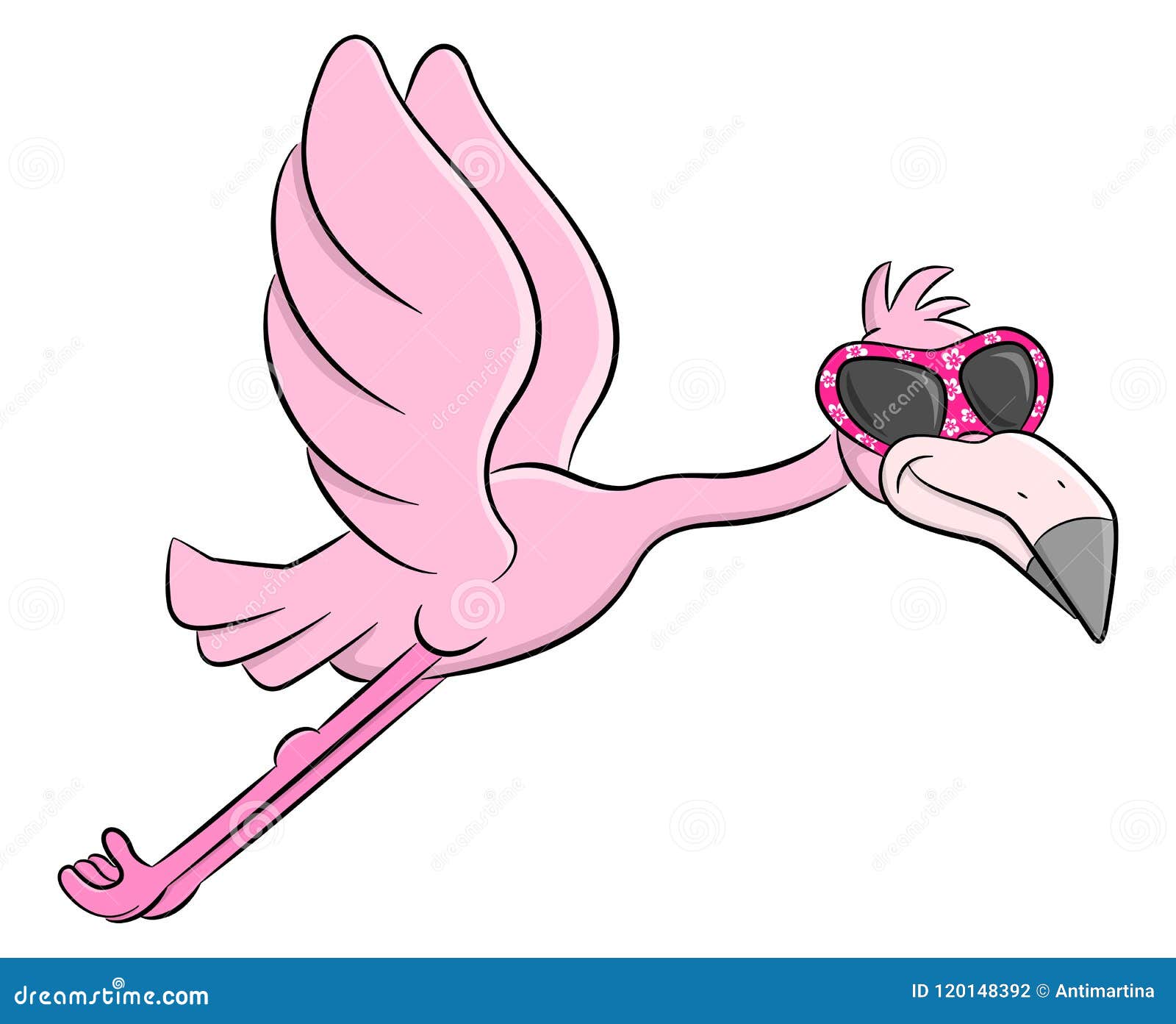 flying cartoon flamingo with sunglasses