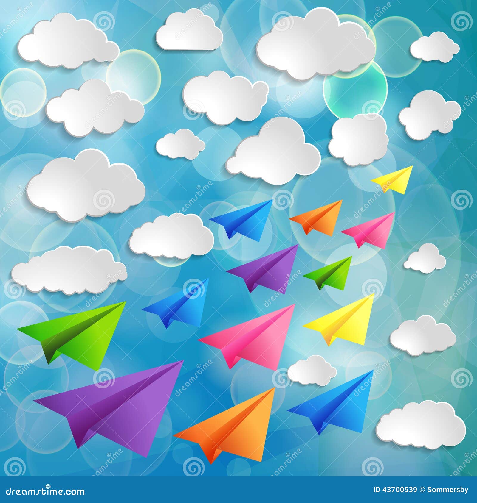 Flying Colorful Paper Airplanes with Clouds on the Blue B Stock Vector