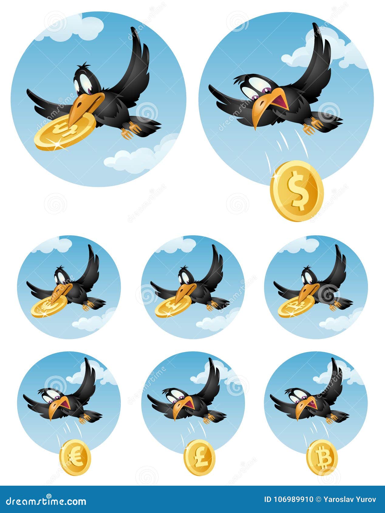 The Flying Crow Drops Symbol of Different Currencies. Dollar, Eu Stock  Vector - Illustration of currency, digital: 106989910