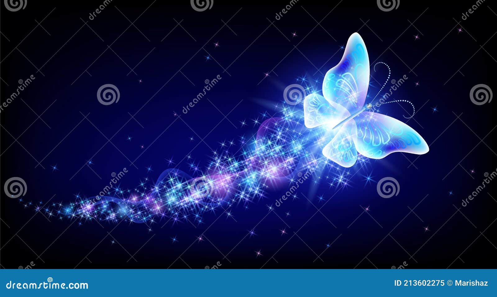 flying butterfly with sparkle and blazing trail flying in night sky among shiny glowing stars in cosmic space. animal protection