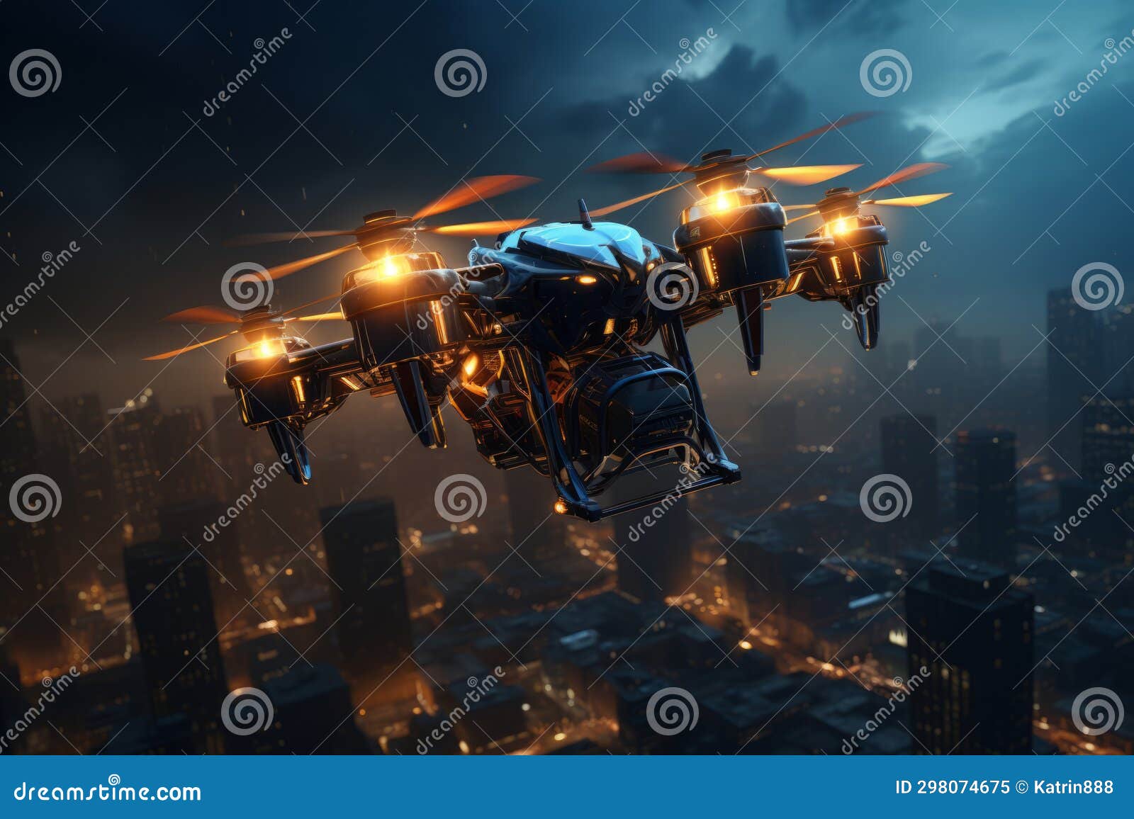 Flying Drone Over the Night City Stock Illustration Illustration of