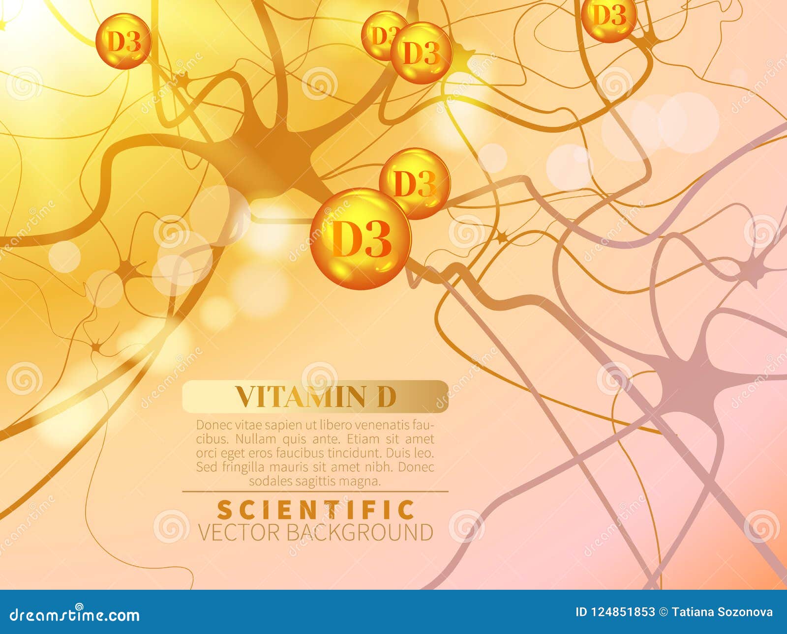 Flying Drops of Vitamin D3 on Background of Sunlight Stock Vector