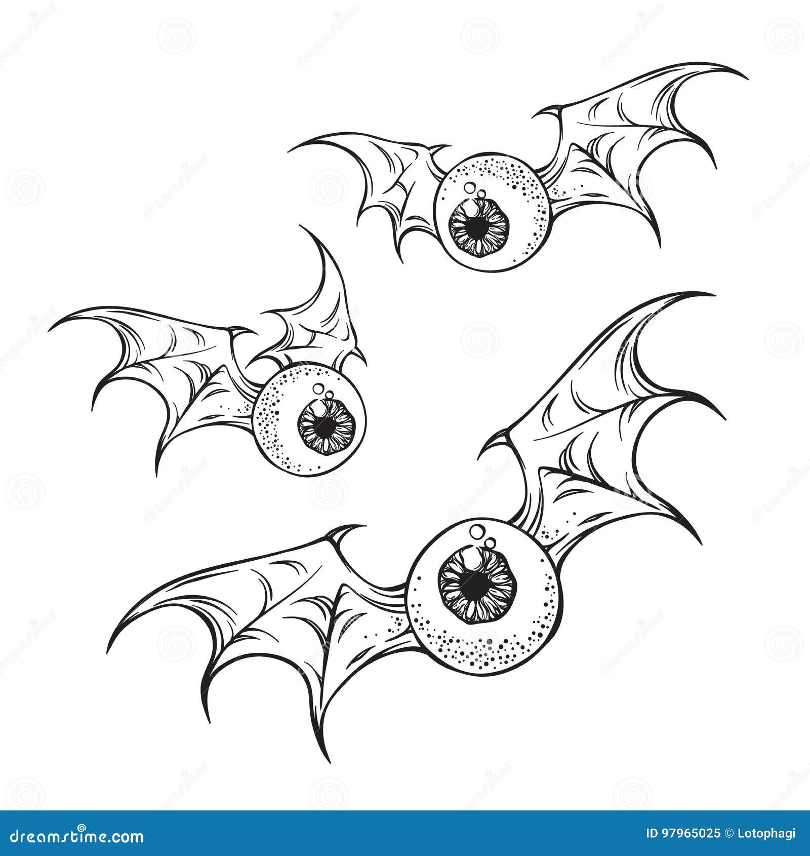 flying eyeballs with creepy demon wings hand drawn black and white halloween theme print    