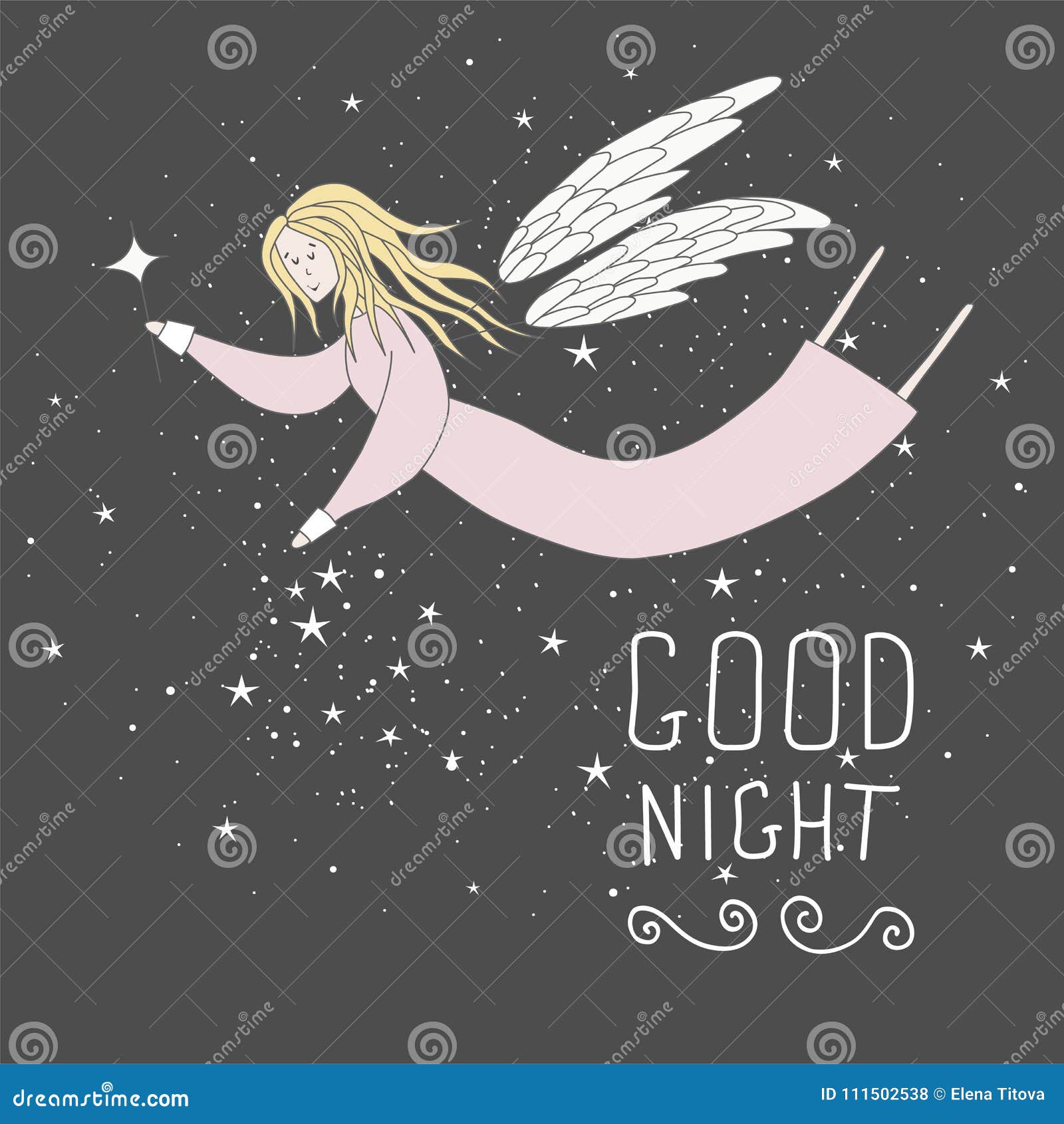 Flying Fairy in Night Sky Vector Illustration. Good Night Card ...