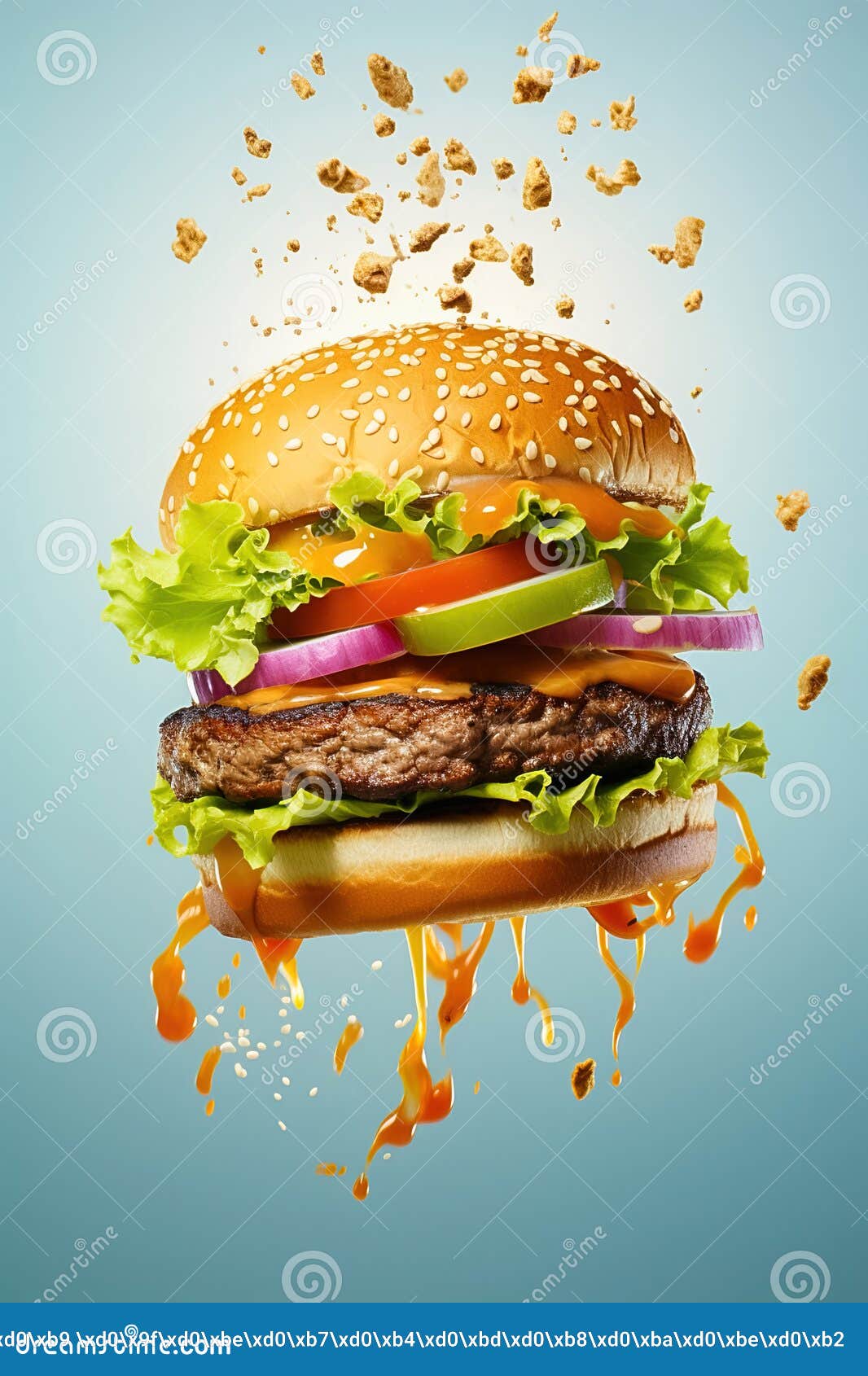 Flying Hamburger with Sauce Splash, Fast Food Concept. Stock Image