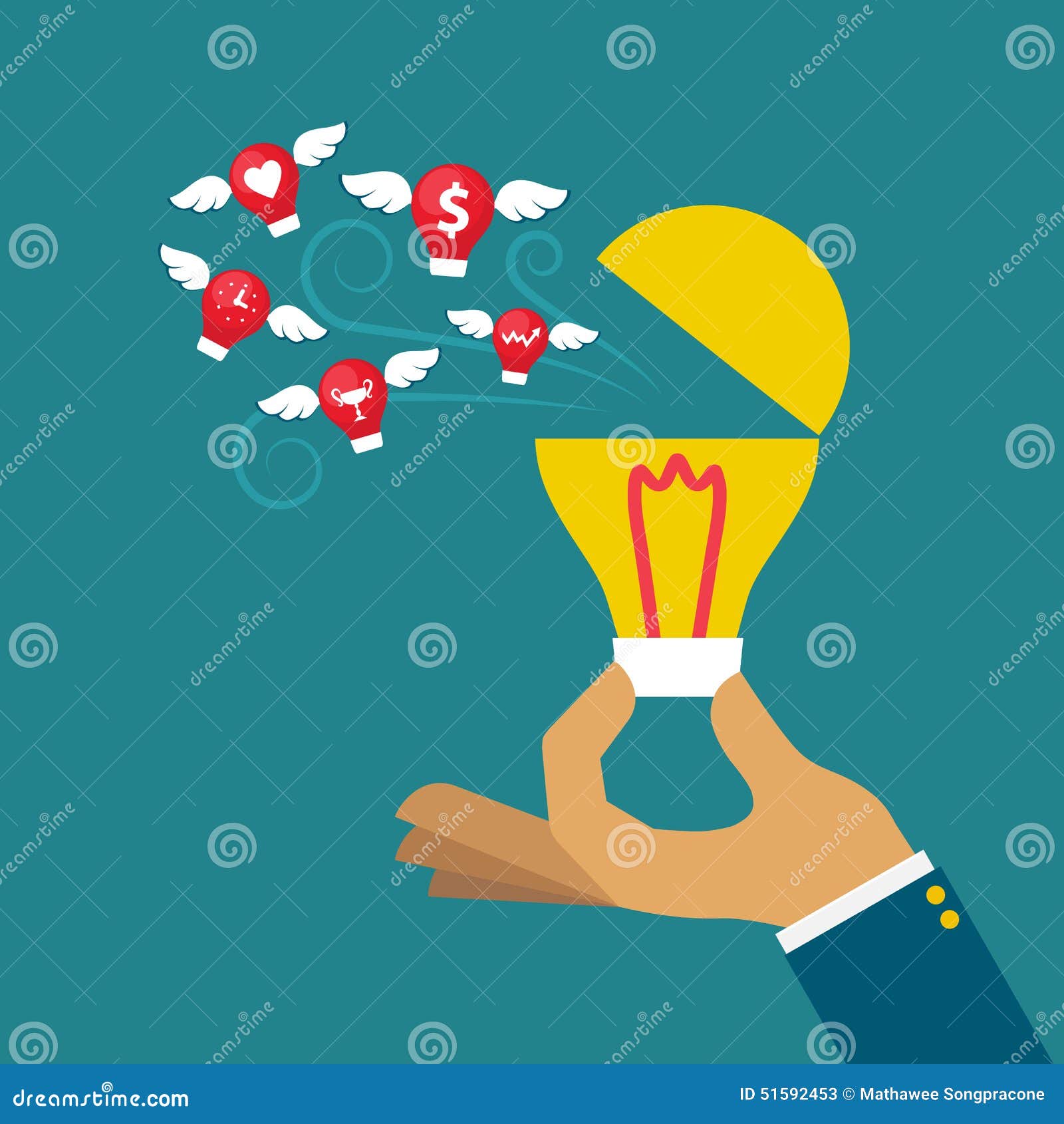 Flying Idea Distribute from Opening Light Bulb Stock Illustration
