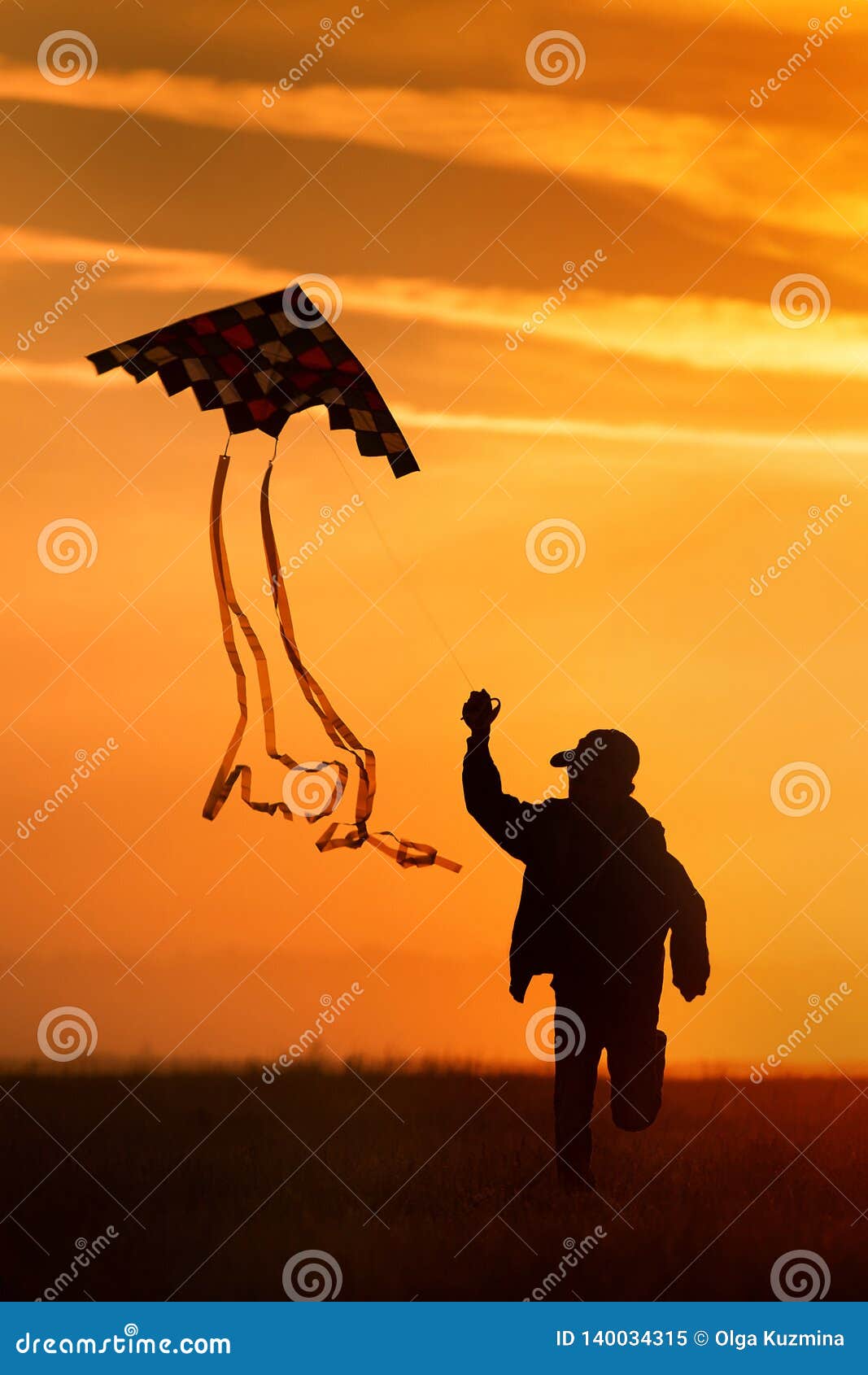 Flying a Kite. the Boy Runs Across the Field with a Kite. Bright Sunset