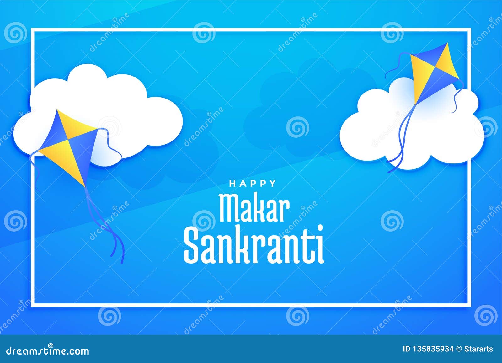 Flying Kites on Clouds Makar Sankranti Background Stock Vector -  Illustration of kite, card: 135835934