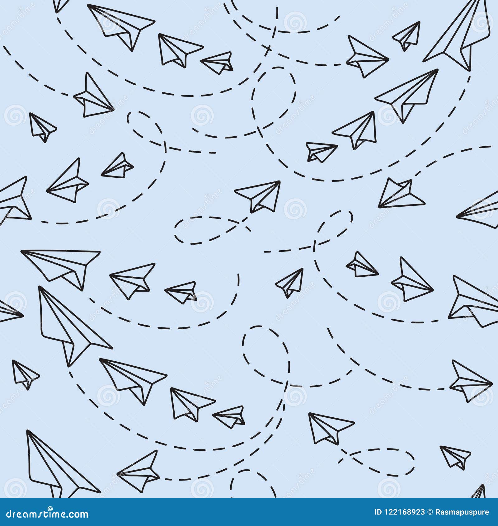 flying paper planes on light blue background. seamless pattern
