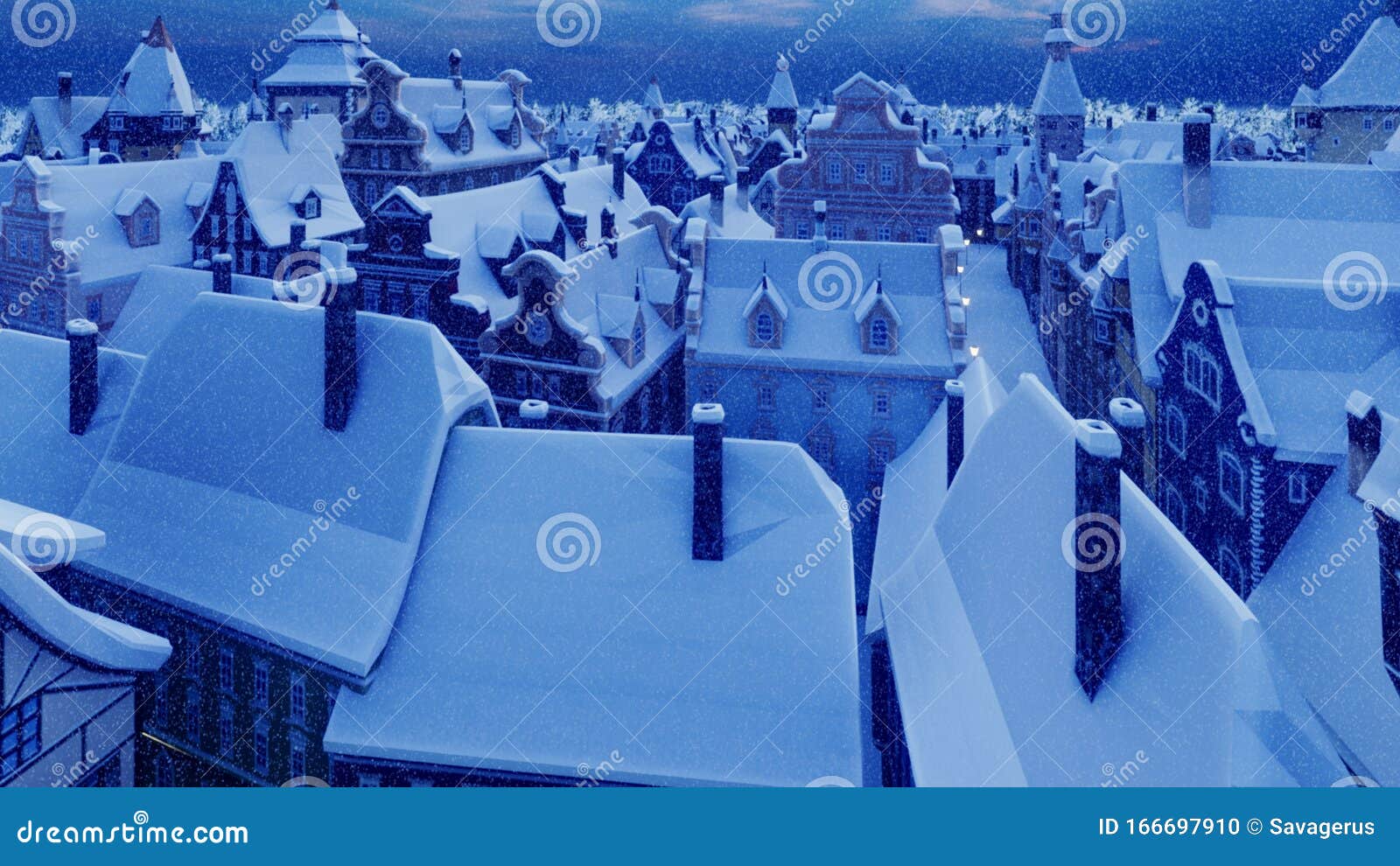 Flying over a small ancient snowy night town. The Concept Of Winter. 3D Rendering