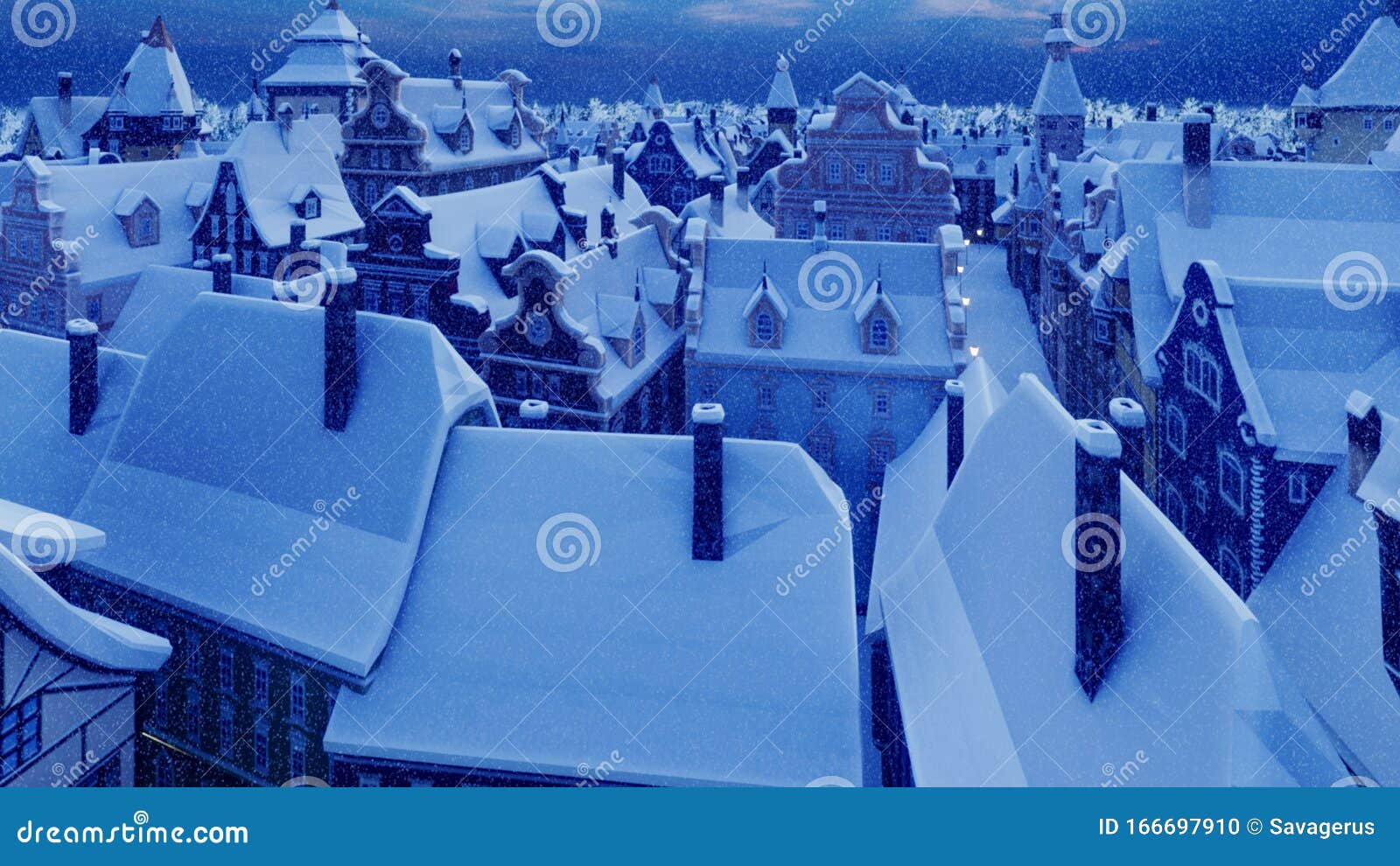 Flying over a small ancient snowy night town. The Concept Of Winter. 3D Rendering Flying over a small ancient snowy night town. The Concept Of Winter. 3D Rendering