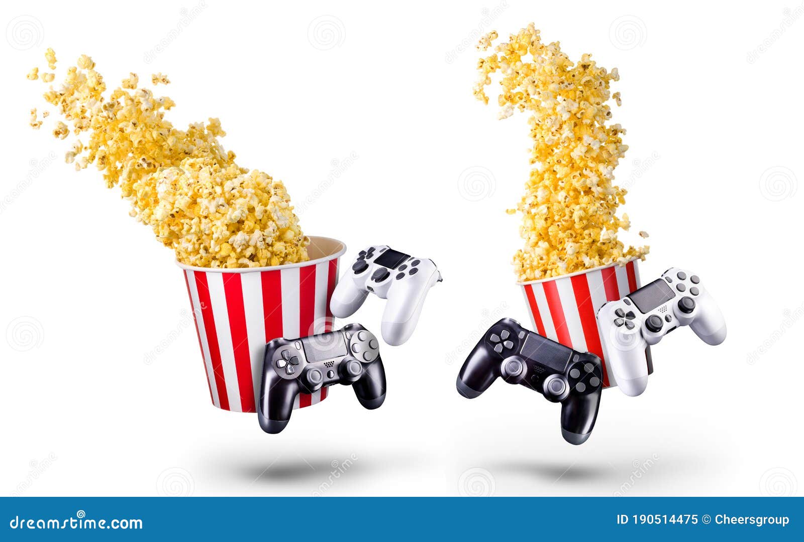 Flying Popcorn and Video Game Joystick Gamepad Isolated on a White