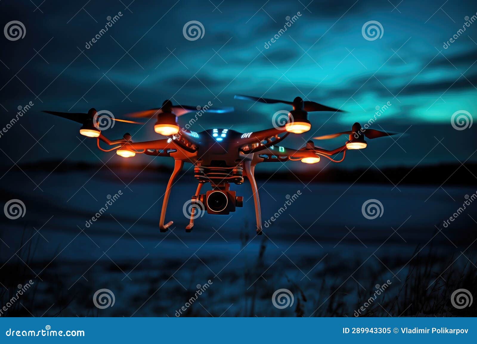 Flying Quadcopter with Illumination at Night Stock Illustration