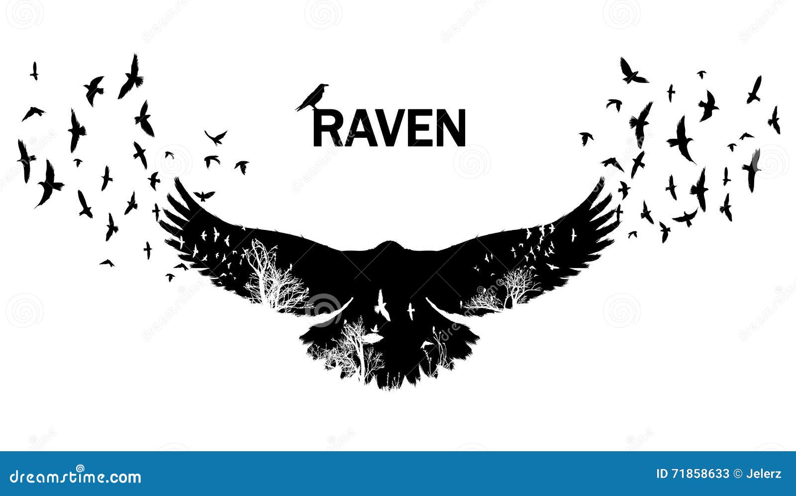 The Black Raven Fluttering. Double Exposure. Stock Vector - Image: 71858633