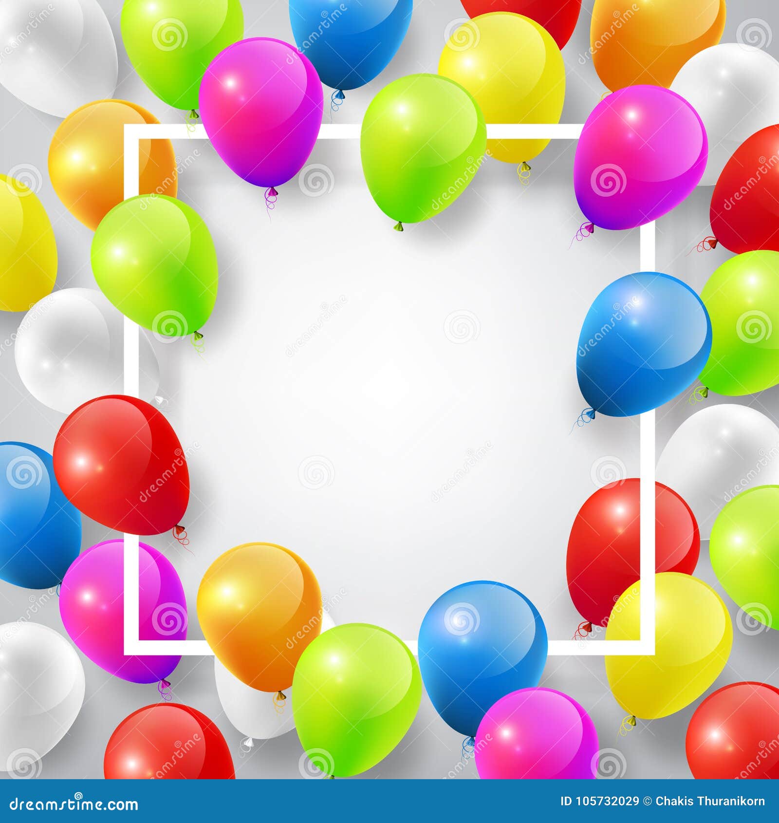 flying realistic glossy colorful balloons with square white frame for  template, celebrate concept on white background