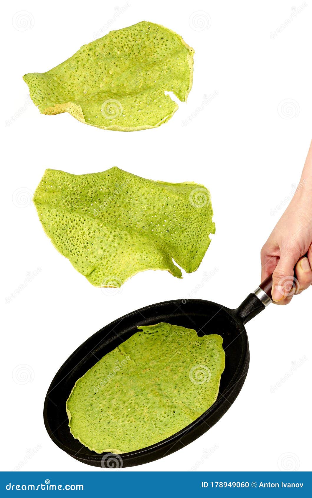 Flying Spinach or Matcha Pancake and Frying Pan Isolated on White Stock