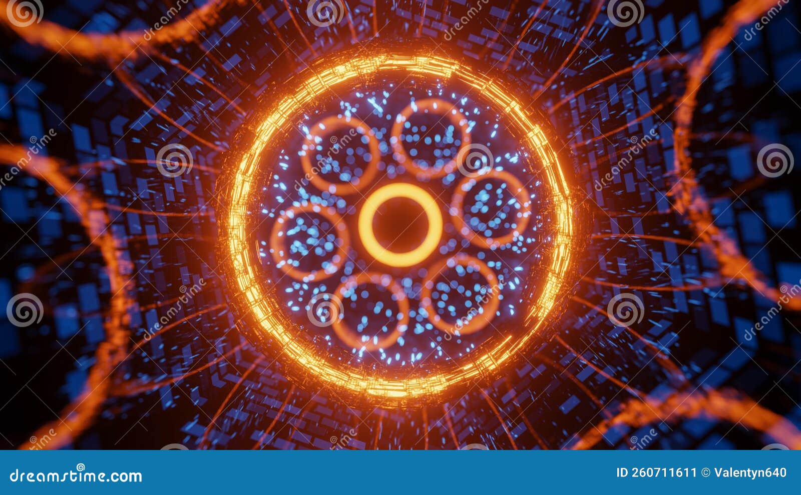 Flying in a Tunnel through Shimmering Rings. 3D Rendering Illustration