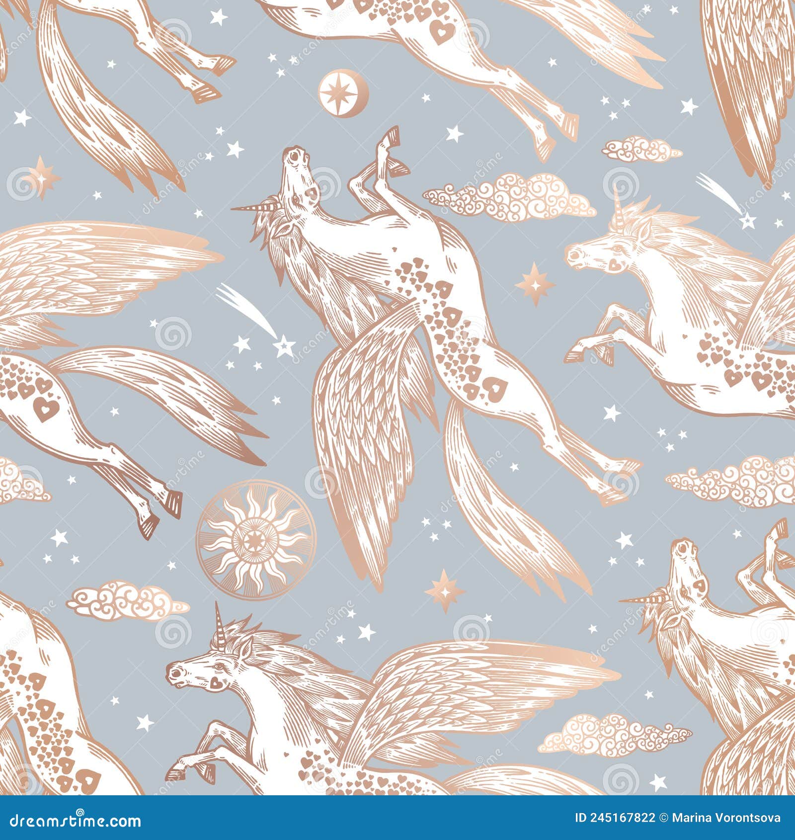 Flying Unicorns. Fantasy Animal Seamless Pattern. Gold and Blue Stock ...