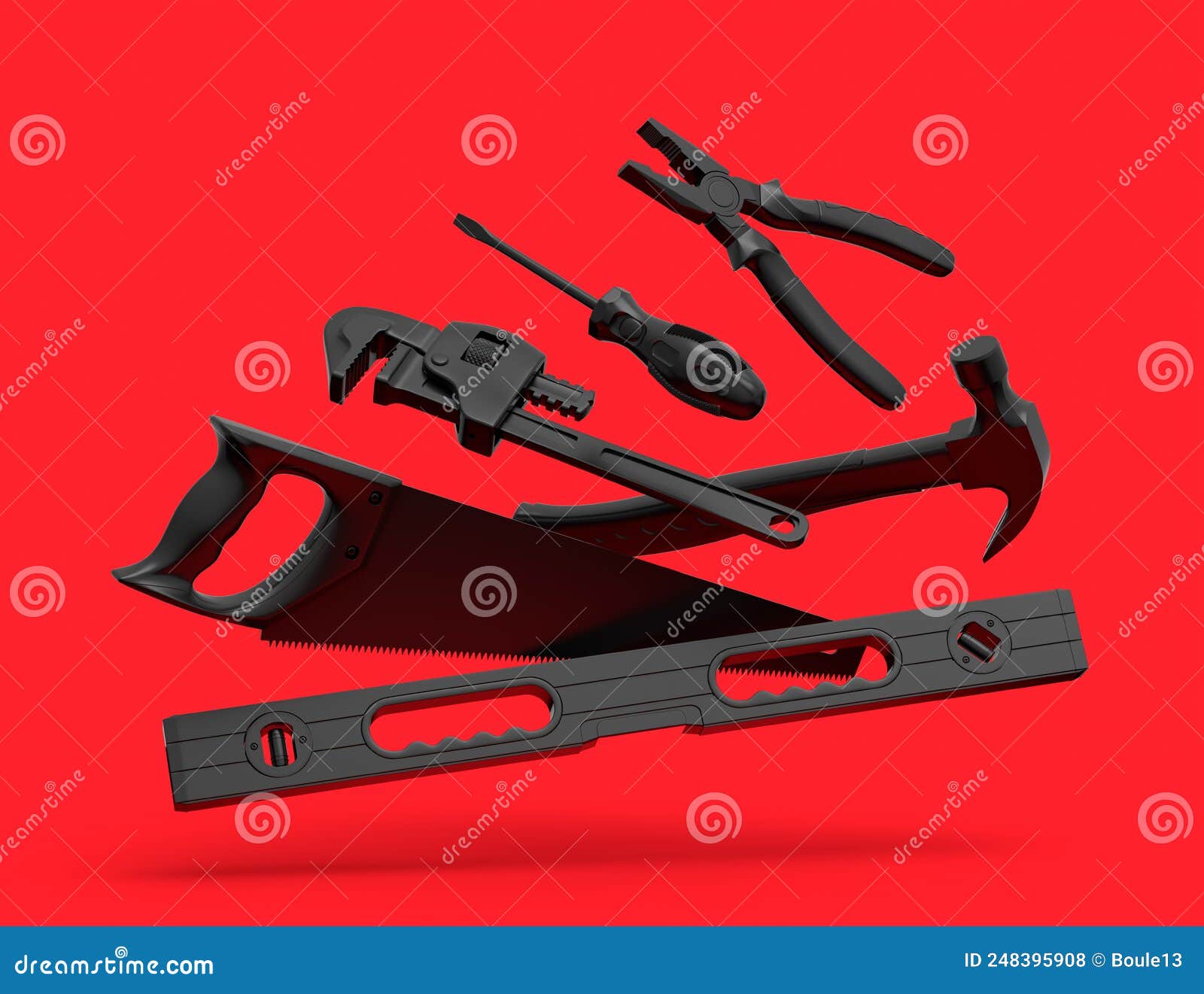 Flying View of Black Construction Tools for Repair on Red Background