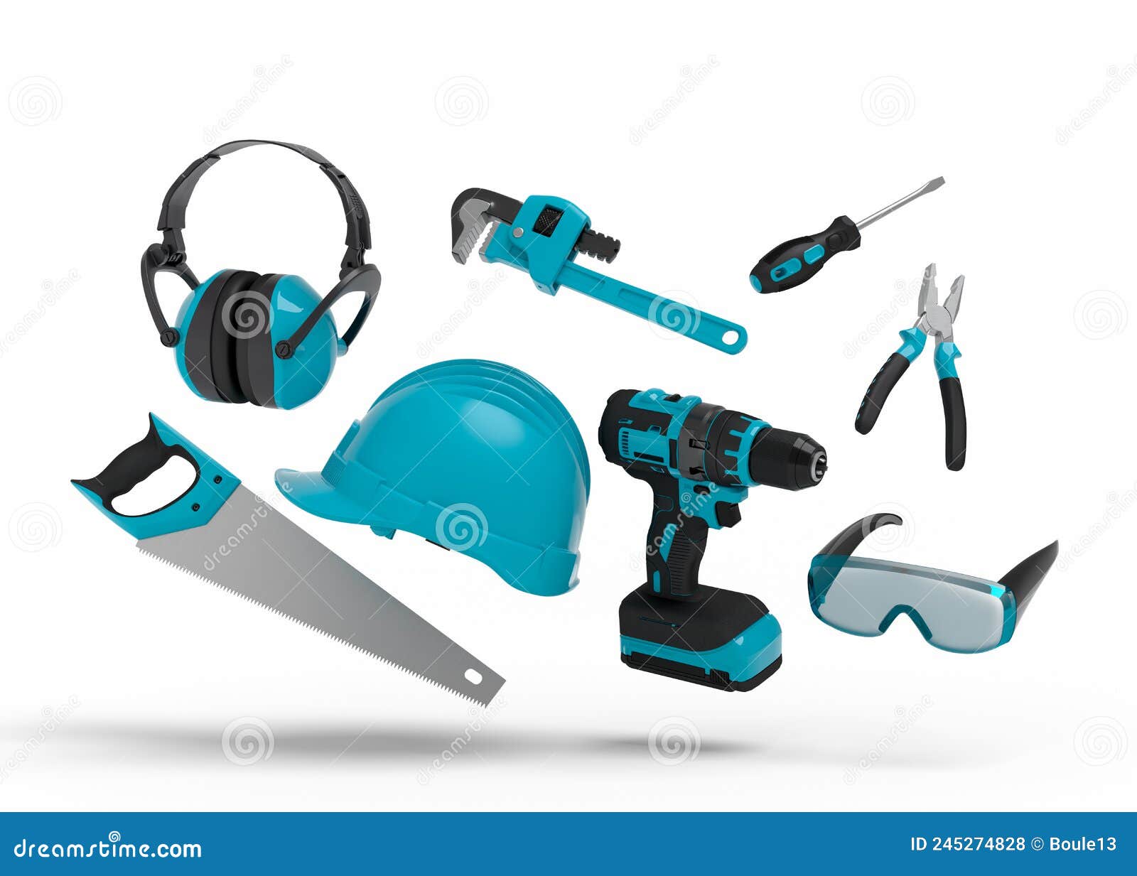 Flying View of Green Construction Tools for Repair on White Stock